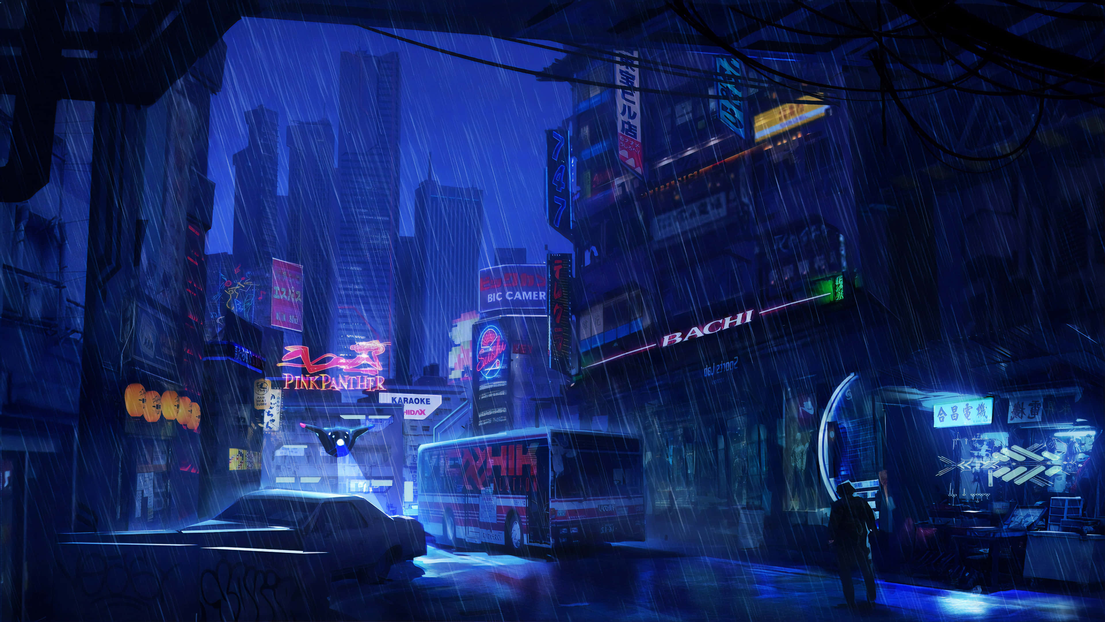 Rain Desktop, neon-lit urban alleyway, glowing signs, 4K Desktop Wallpaper