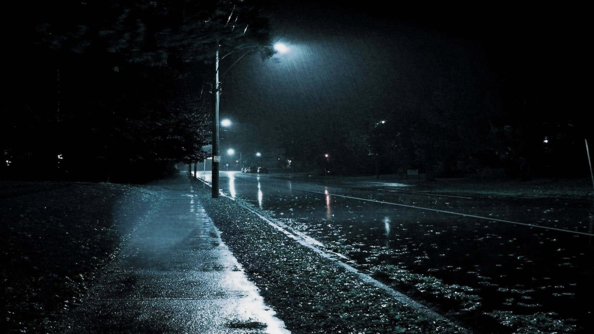 rain-slicked urban street, night, streetlights, Full HD Desktop Wallpaper