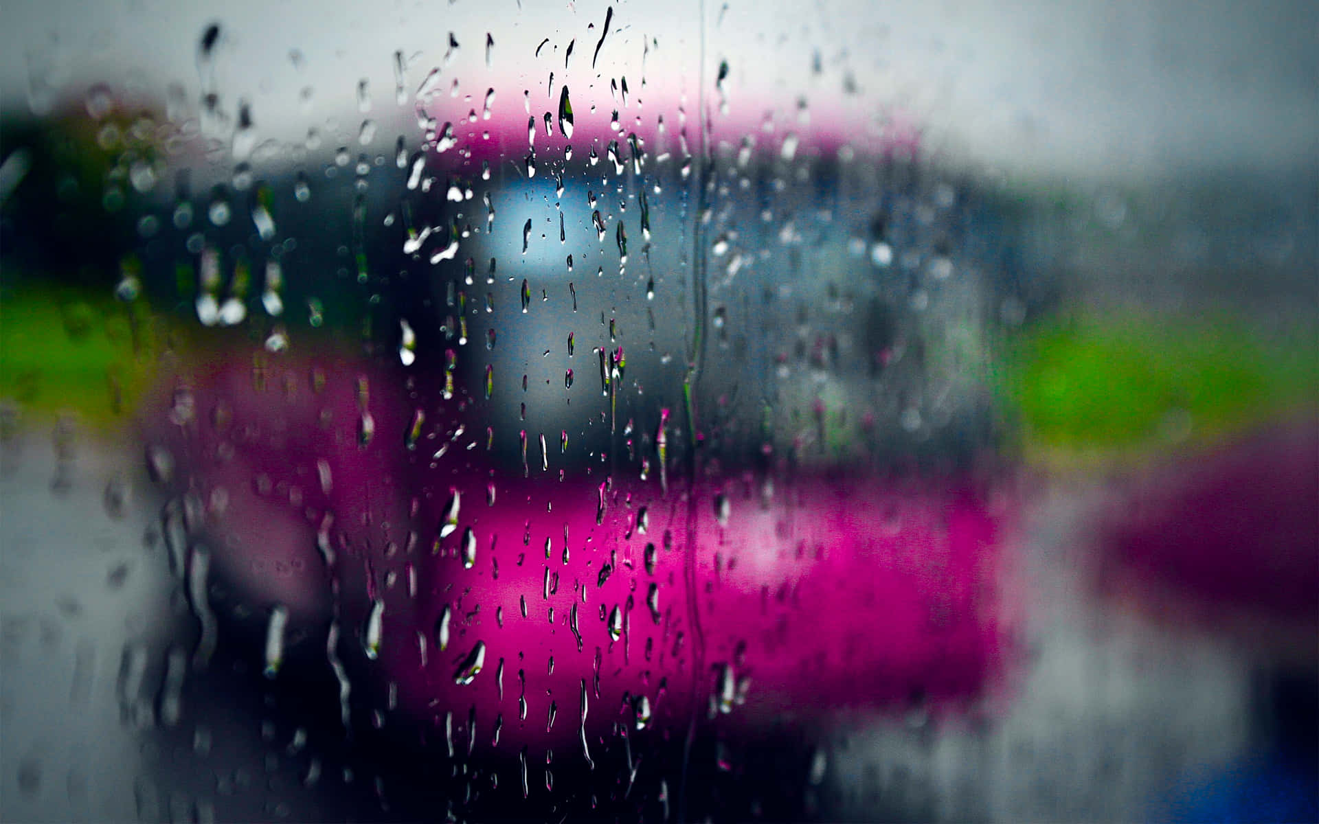 raindrops, car window, vibrant pink and green city lights, Full HD Desktop Wallpaper