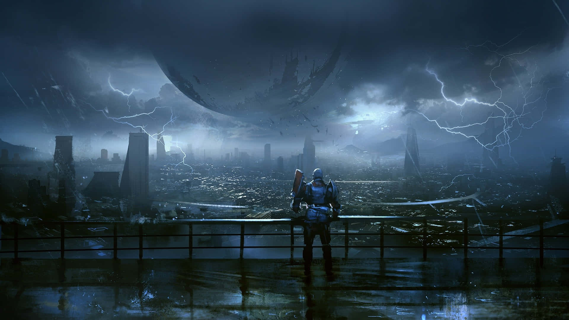 Gray Rain Desktop, armored warrior, rain-slicked rooftop, Full HD Desktop Wallpaper