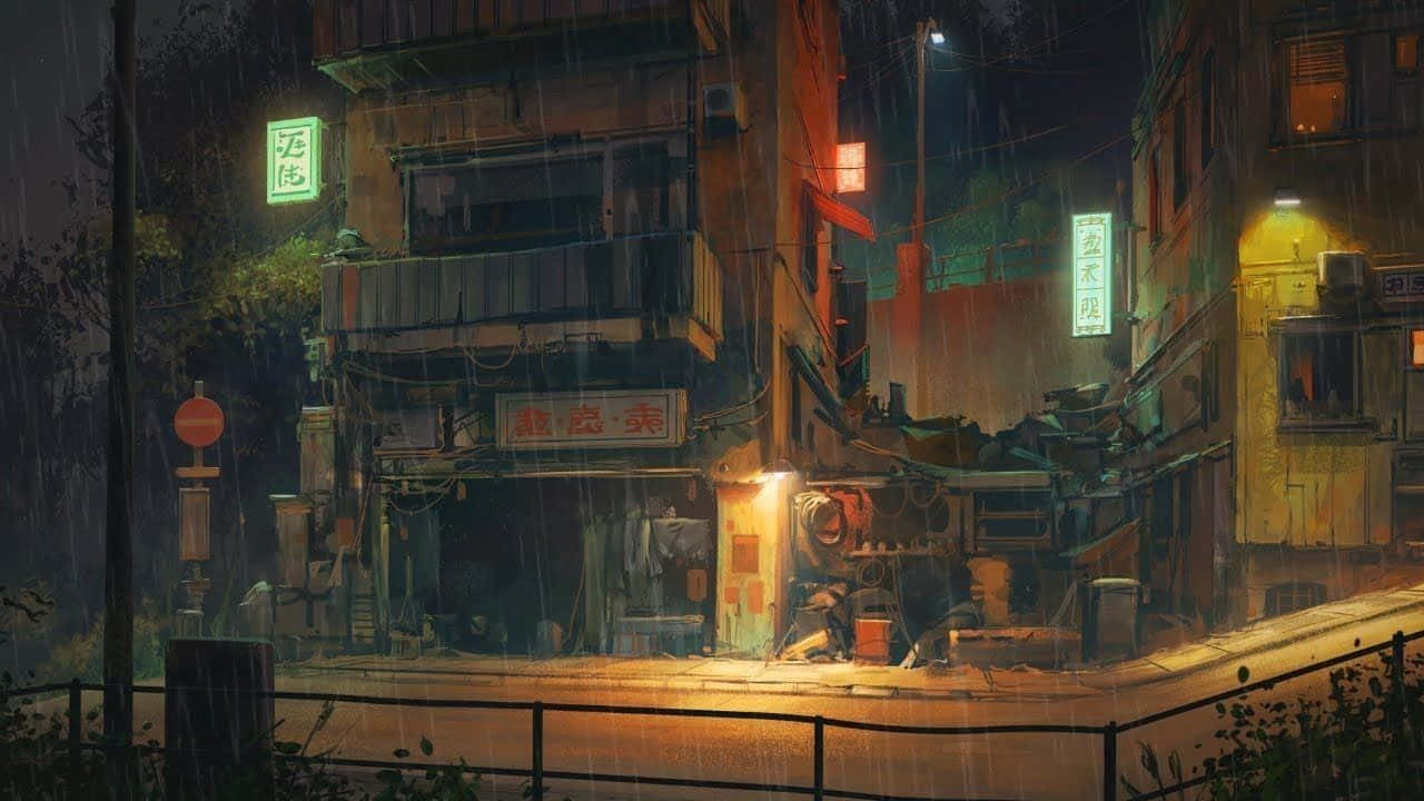 Lo Fi Raining City Streets, neon-lit urban alley, night, HD Desktop Wallpaper