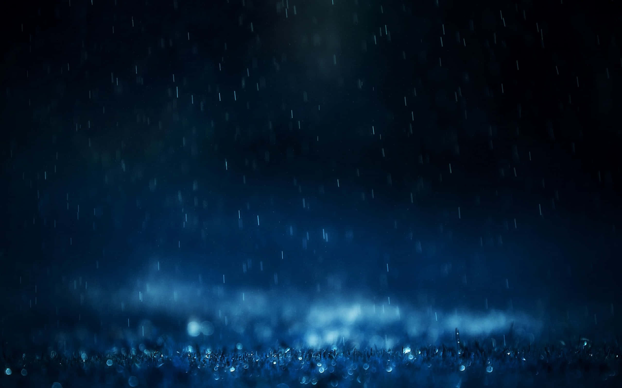 raindrops, dark blue night sky, glowing misty ground, 2K Desktop Wallpaper