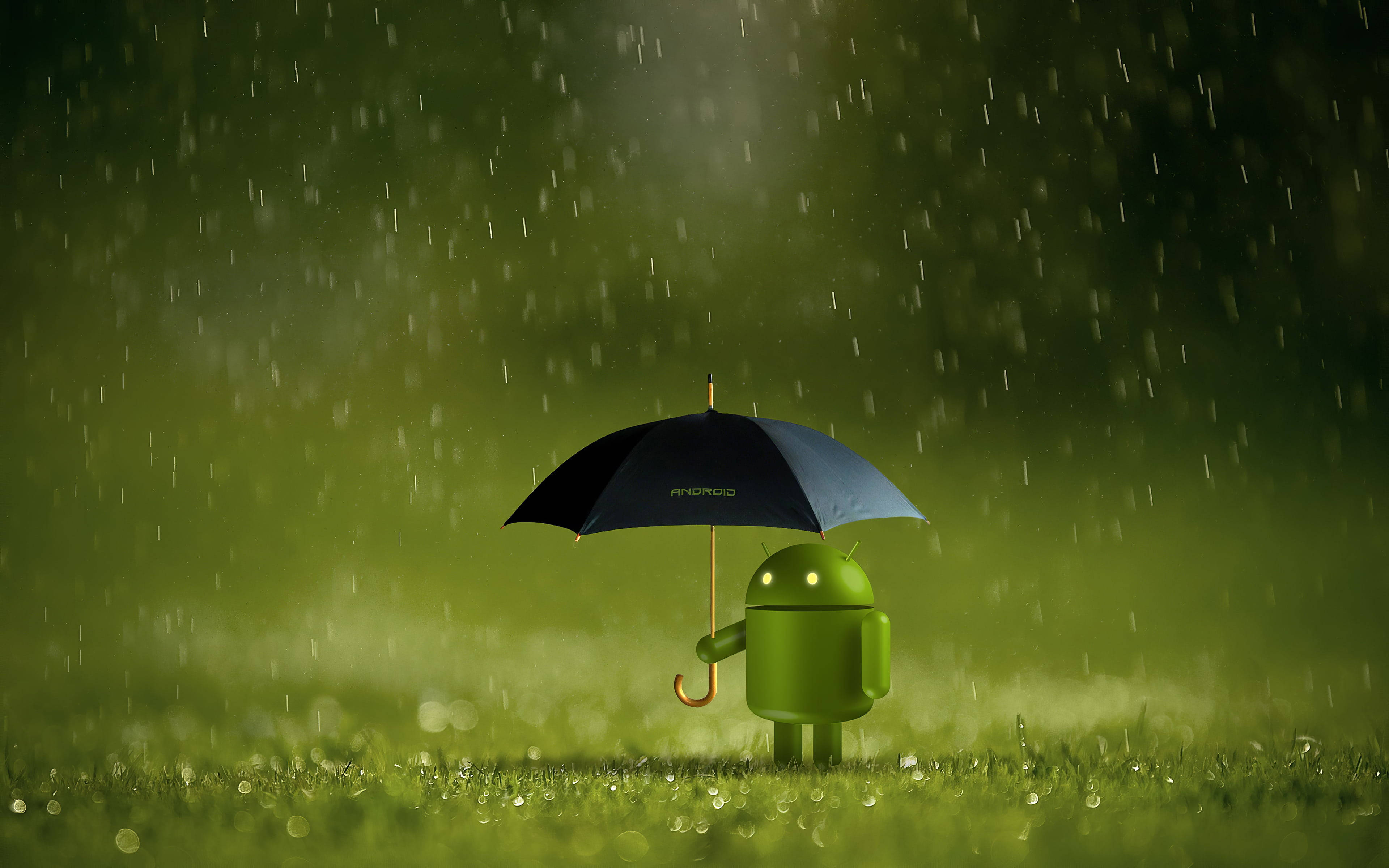 Android, green Android mascot, black umbrella, 4K Desktop Wallpaper
