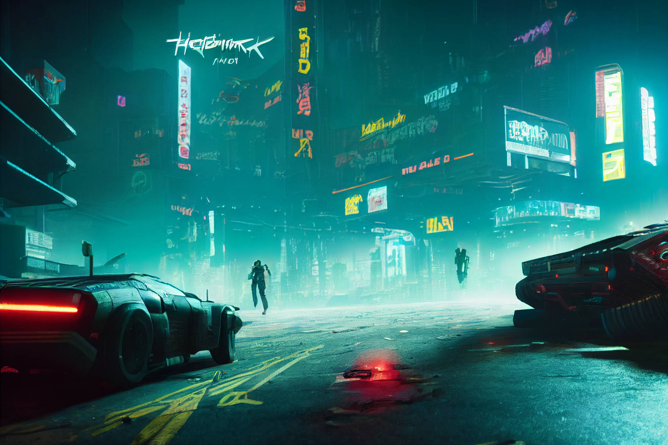 cyberpunk city street, neon-drenched, glowing signs, Full HD Desktop Wallpaper