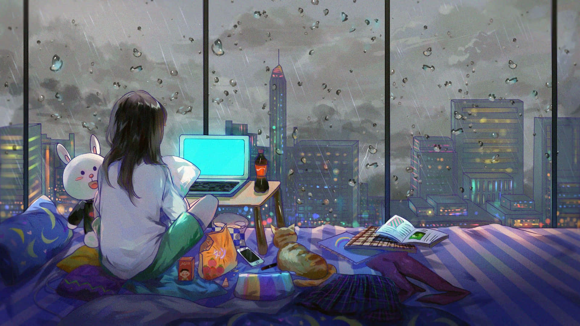 girl, laptop, plush toy, Full HD Desktop Wallpaper