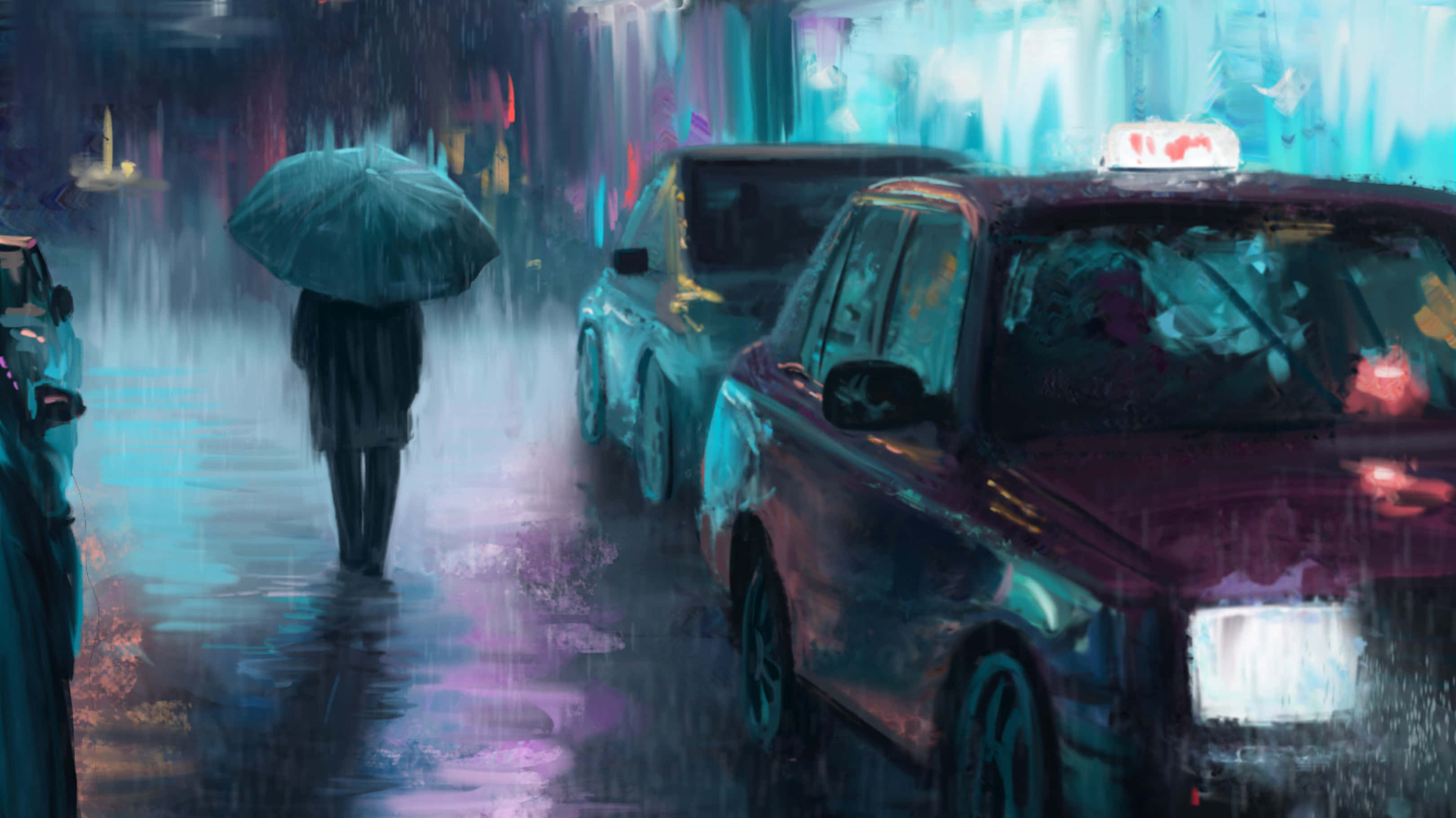 neon-drenched, rainy city street, taxis, 2K Desktop Wallpaper