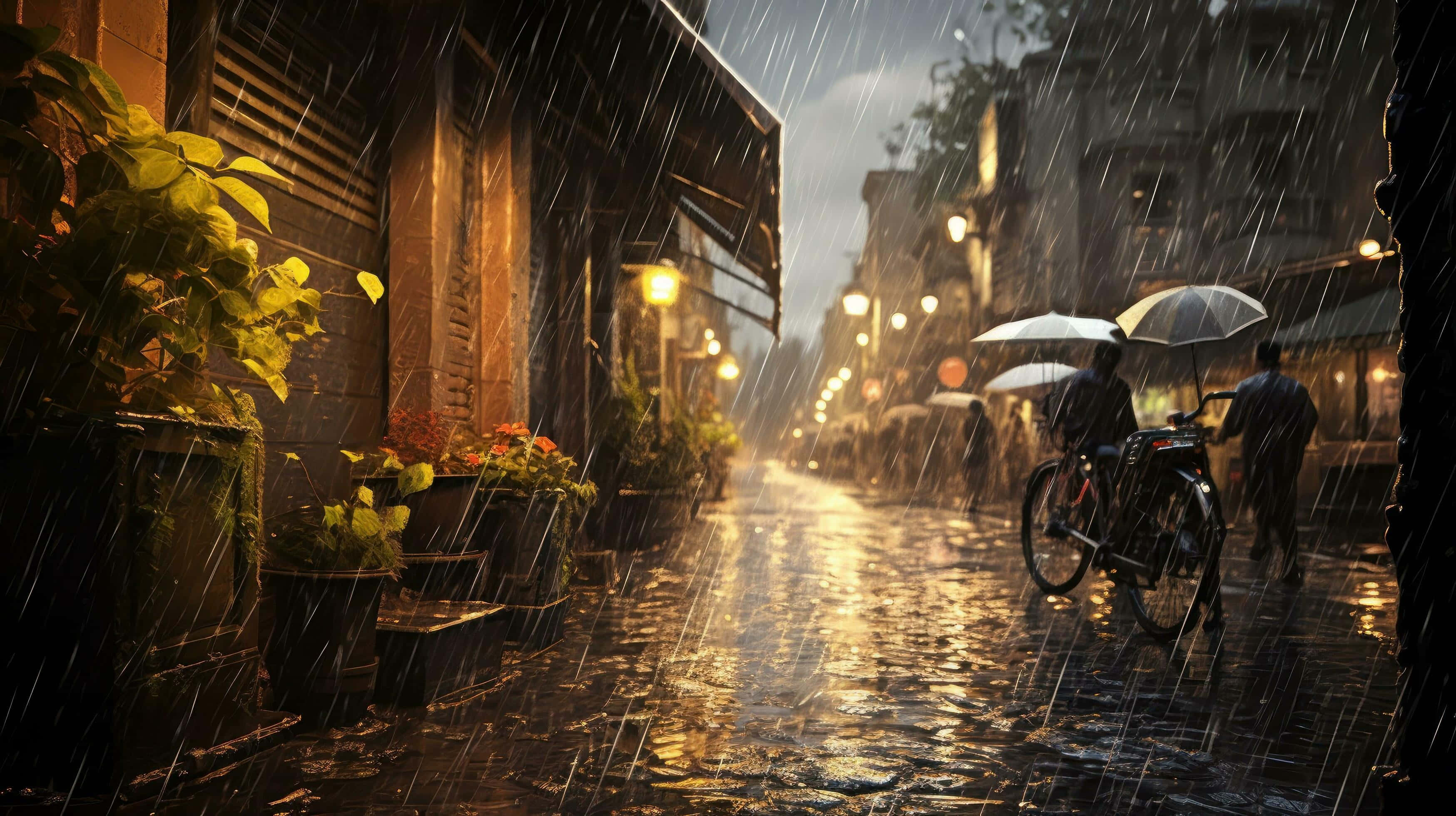 Evening, Rain-slicked cobblestone street, night, 2K Desktop Wallpaper