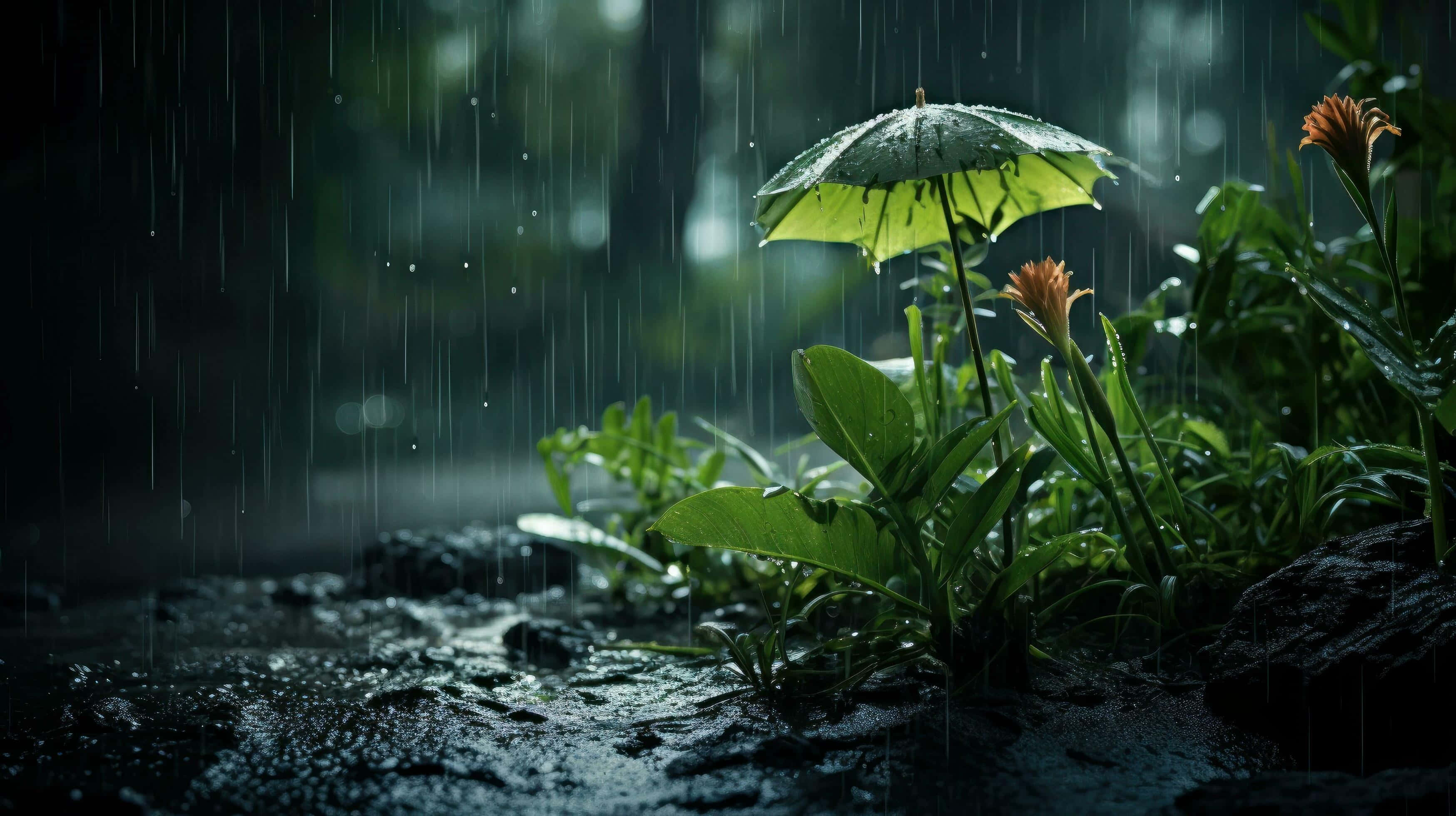 green umbrella, vibrant orange flowers, misty rain-soaked forest floor, 2K Desktop Wallpaper