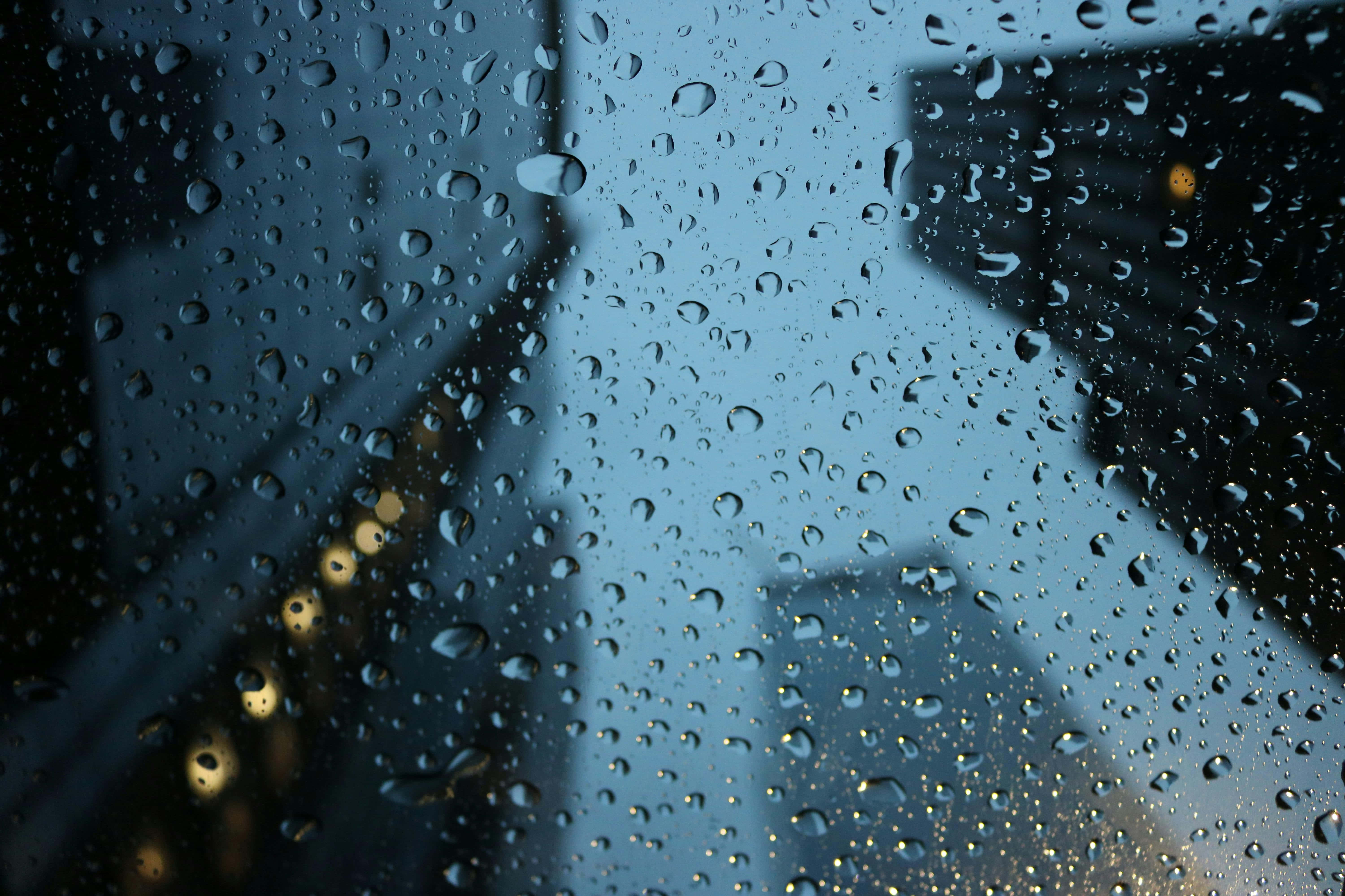 Raindrops, glass cityscape, blurred city lights, 5K Desktop Wallpaper