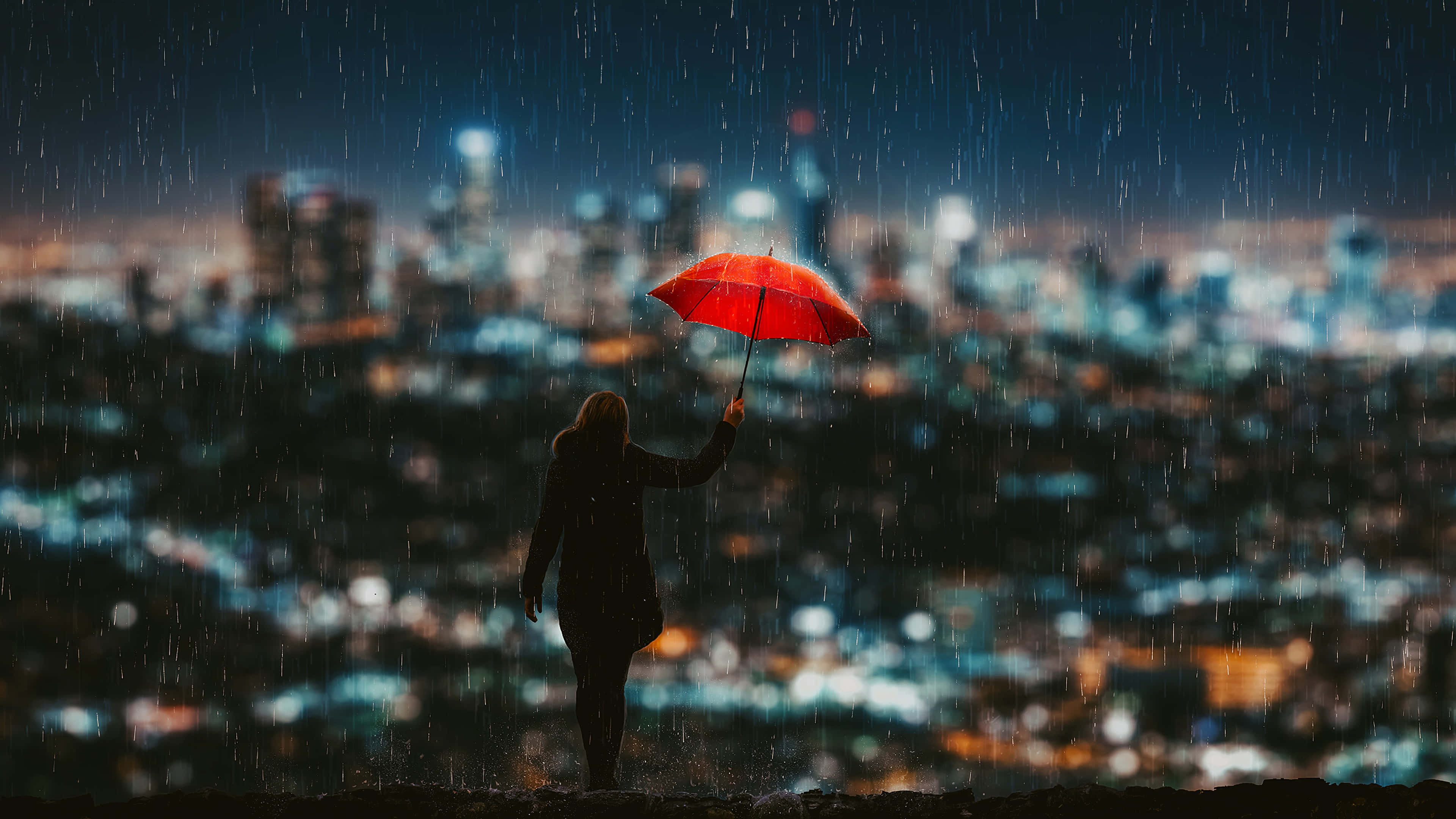 vibrant red umbrella, rainy night, glowing cityscape, 4K Desktop Wallpaper