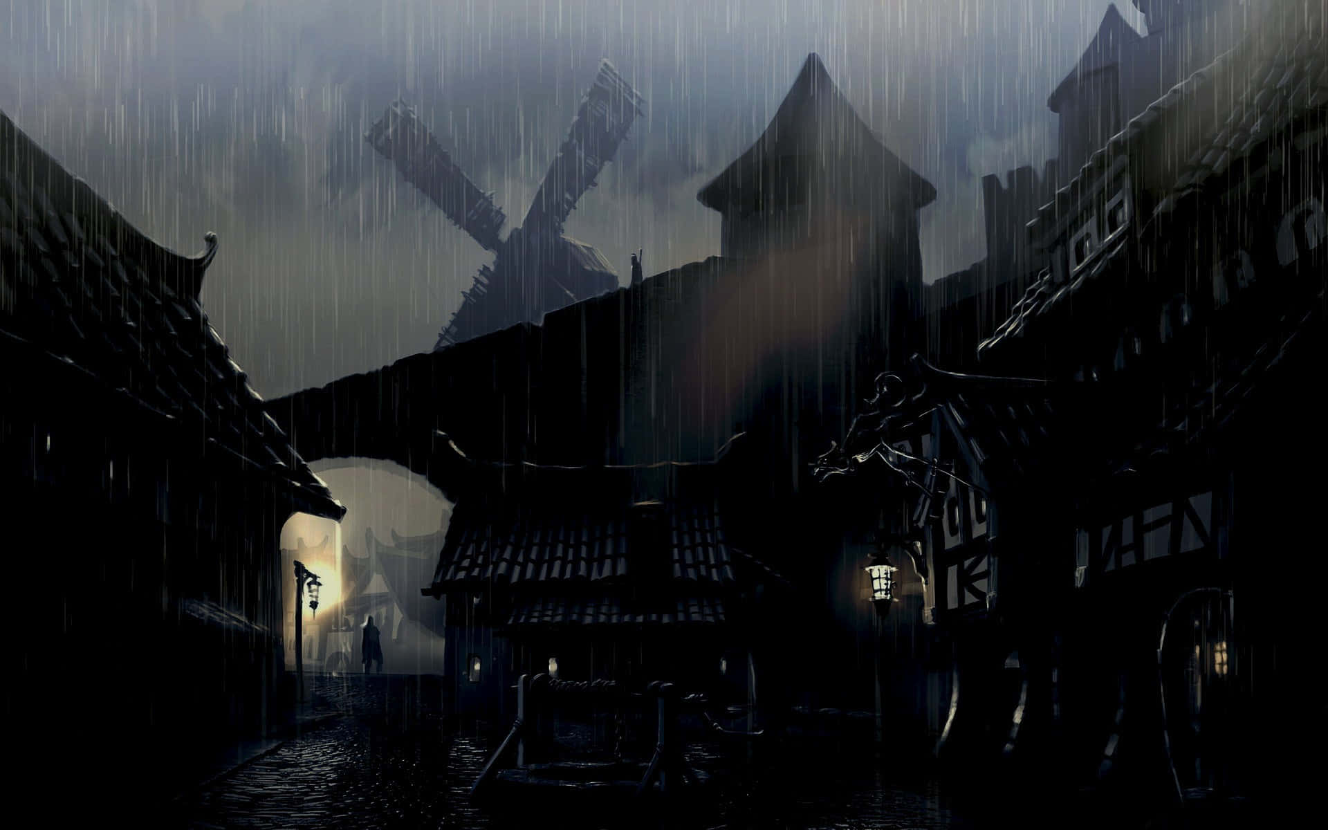 rain-slicked cobblestone street, dark medieval village, stormy sky, Full HD Desktop Wallpaper