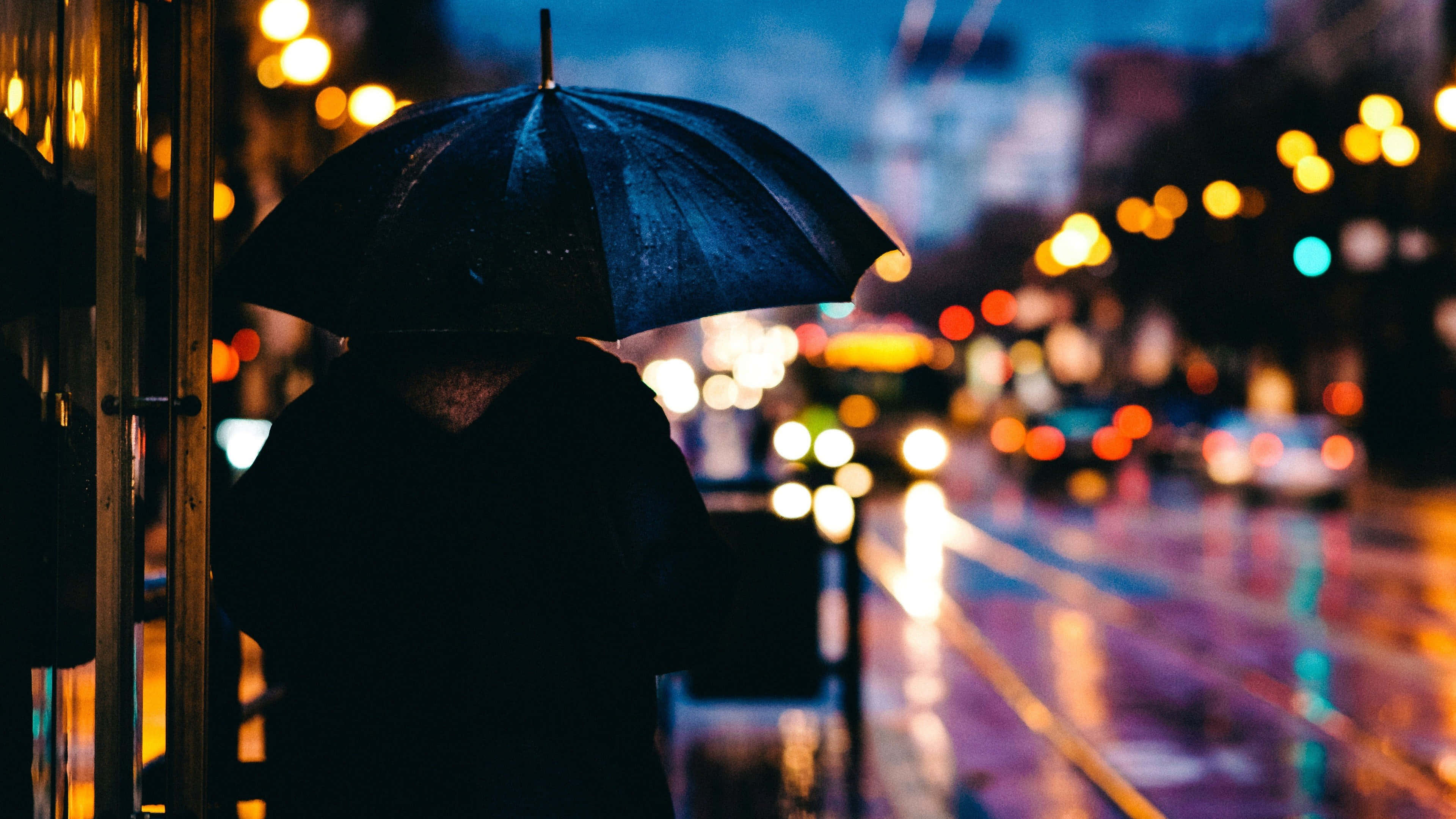 Rainy Night City Lights Umbrella, neon-lit city street, night, 4K Desktop Wallpaper