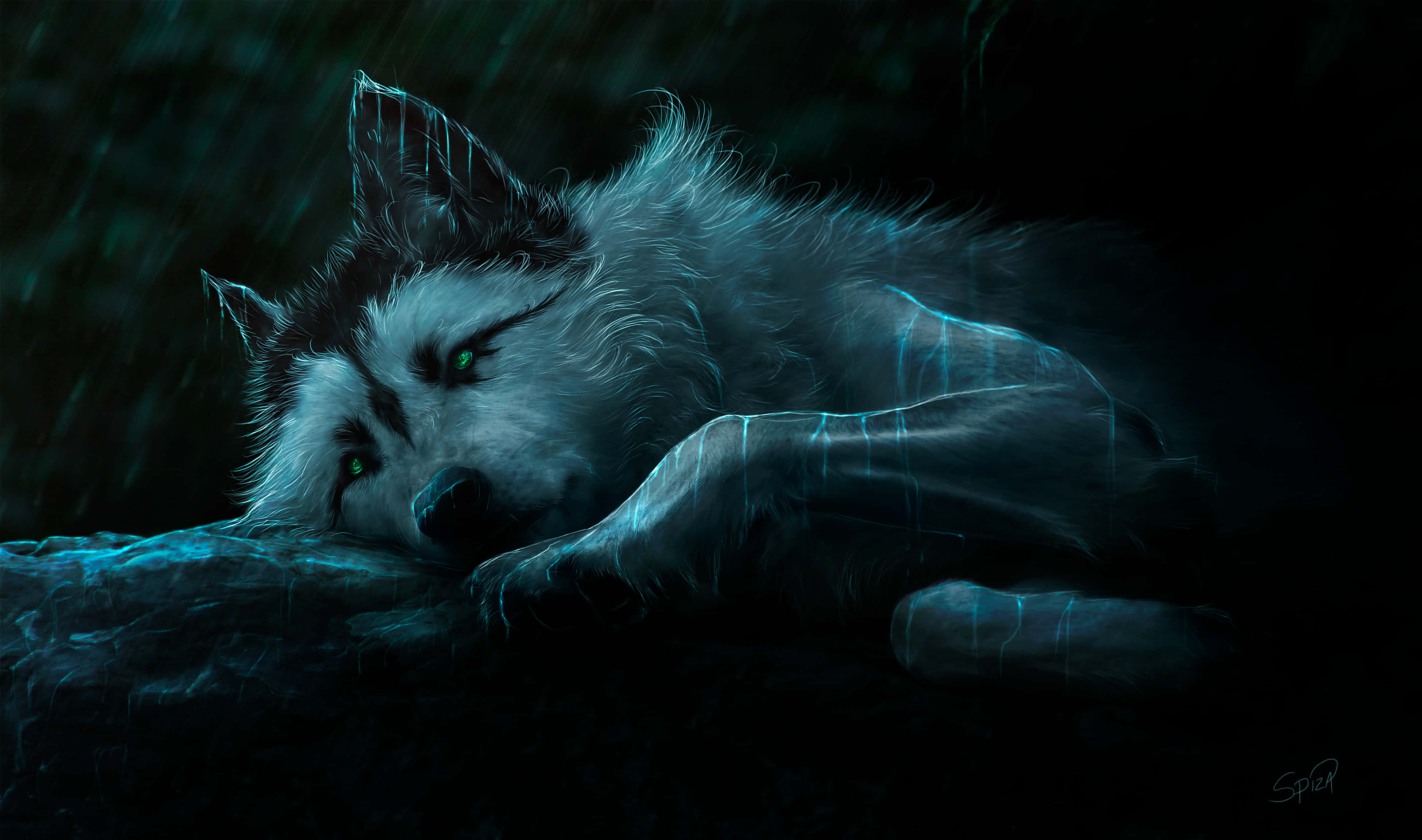 lone wolf, glowing green eyes, rain, 4K Desktop Wallpaper