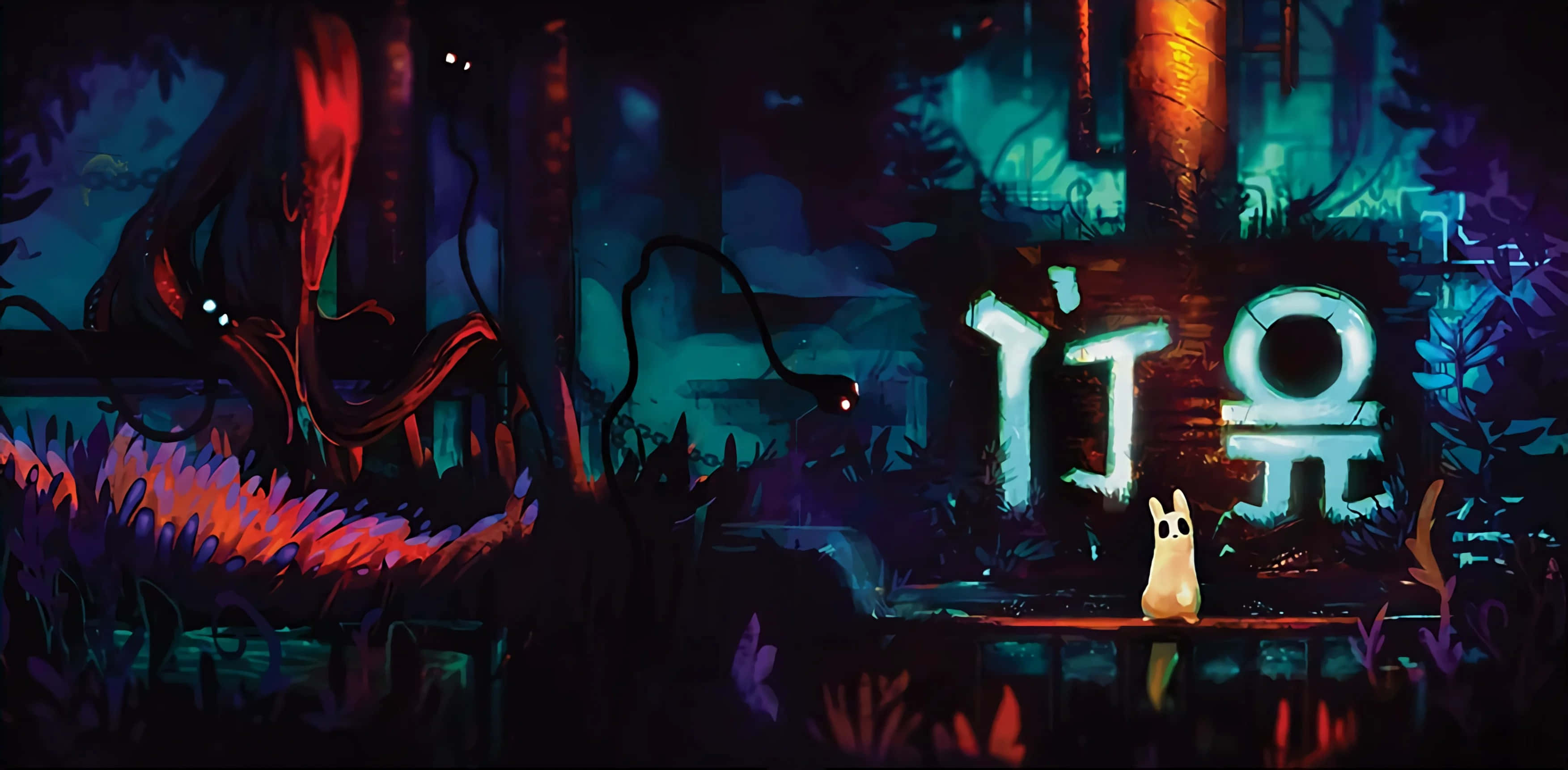 Rain World, glowing rabbit, cracked neon sign, 2K Desktop Wallpaper