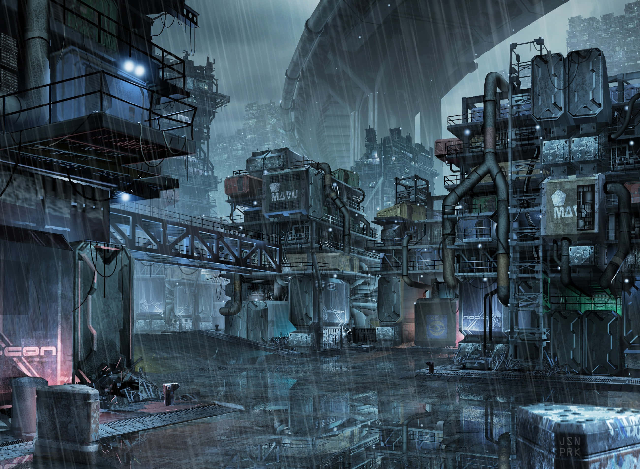cyberpunk industrial complex, towering pipes, neon lights, 2K Desktop Wallpaper