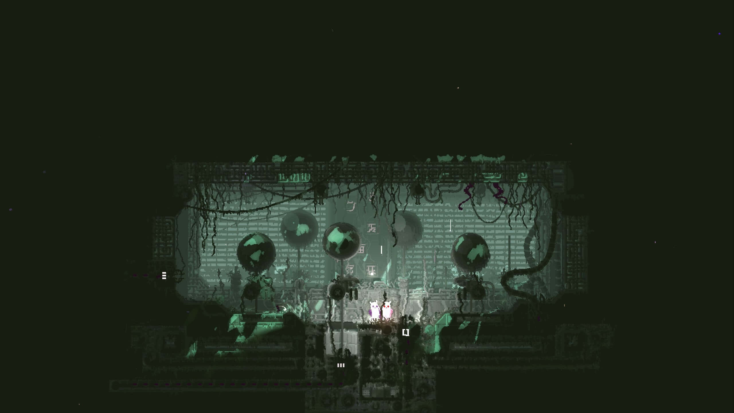 Rain World, mysterious underground room, pixelated green glowing altar, 2K Desktop Wallpaper