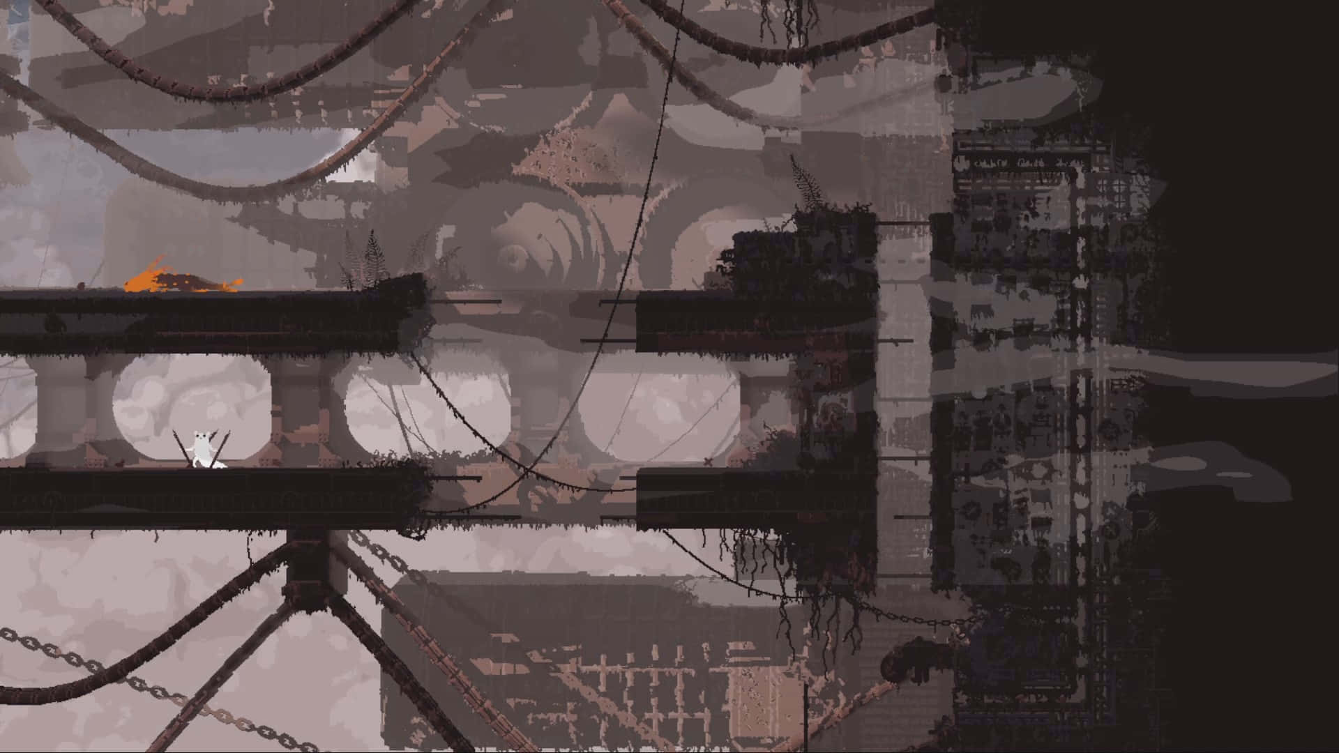 Rain World, white creature, rusted metal bridge, Full HD Desktop Wallpaper