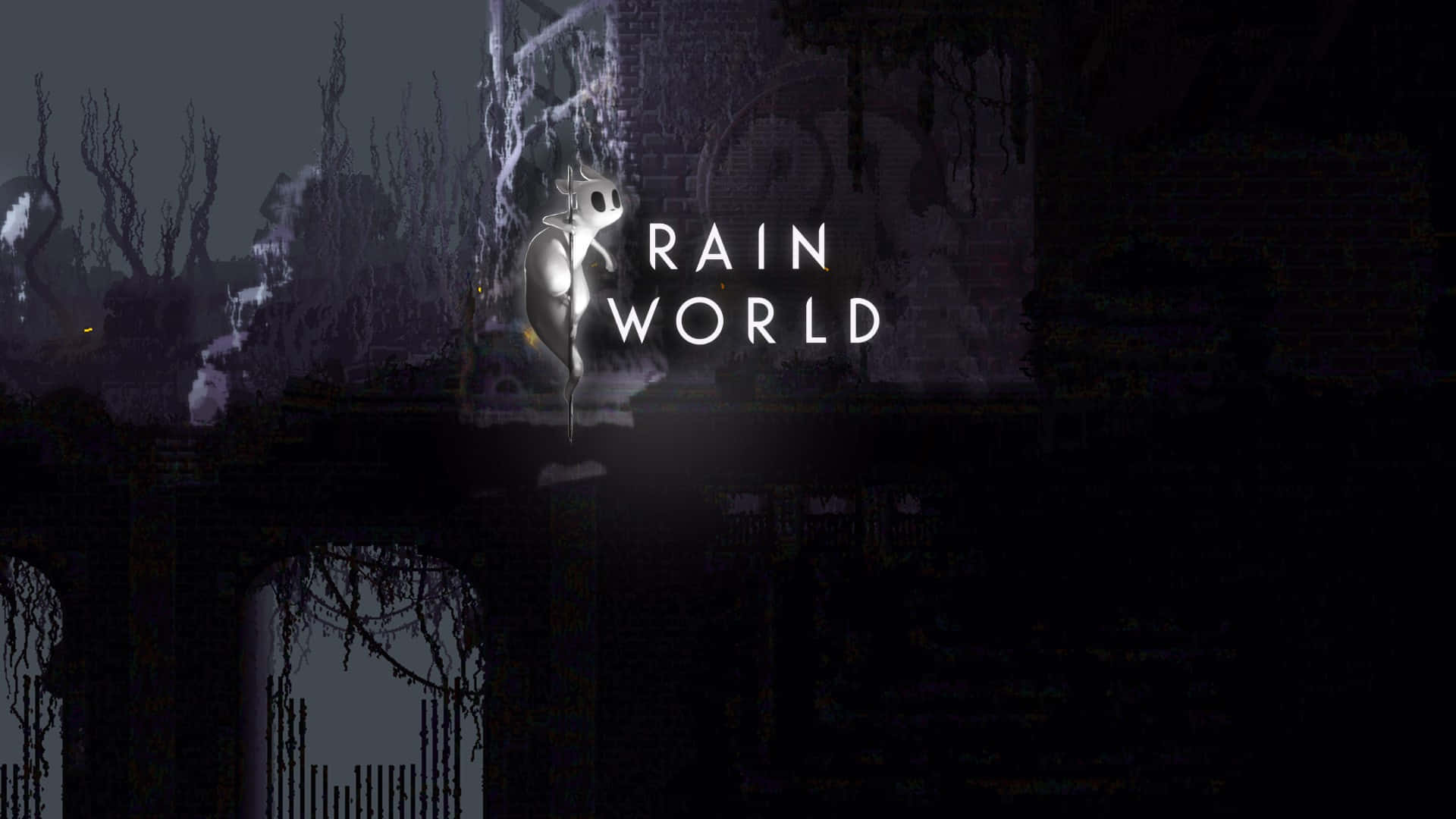 Rain World, glowing white creature, dark ruined cityscape, Full HD Desktop Wallpaper