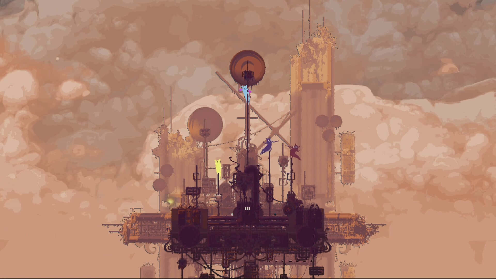 Rain World, ancient tower skyline, steampunk airship, Full HD Desktop Wallpaper