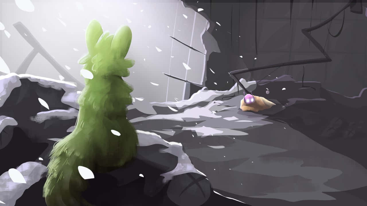 Rain World, green furry creature, snowy ruined landscape, HD Desktop Wallpaper