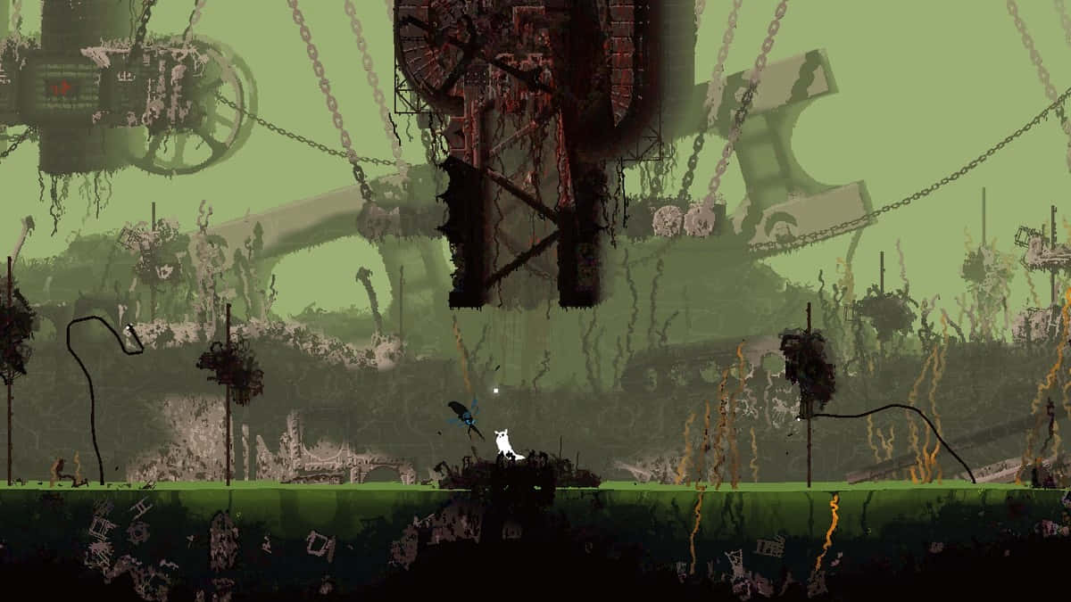 Rain World, dilapidated industrial zone, white figure, SD Desktop Wallpaper