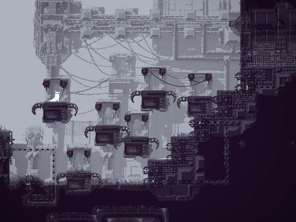 Rain World, grey industrial landscape, white cat, SD Desktop Wallpaper