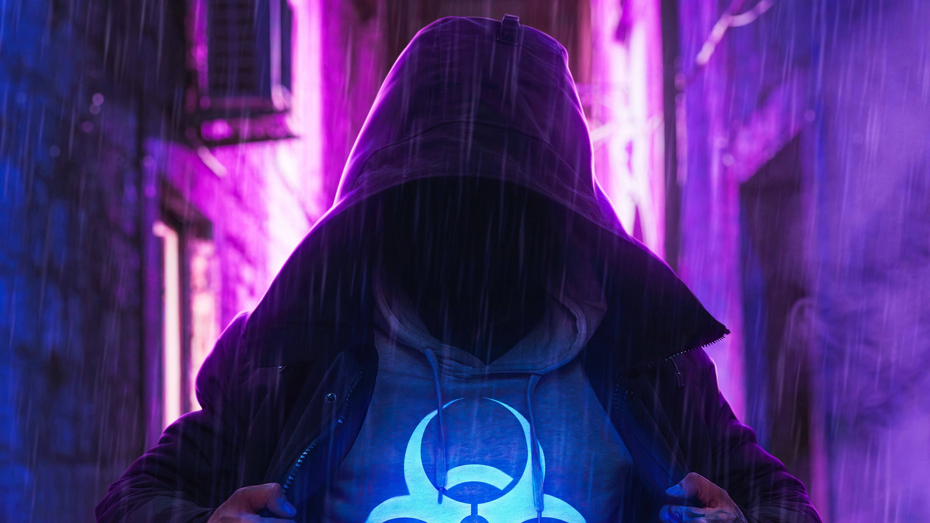 glowing purple hoodie, neon-drenched rainy alleyway, glowing purple and blue lights, 4K Desktop Wallpaper