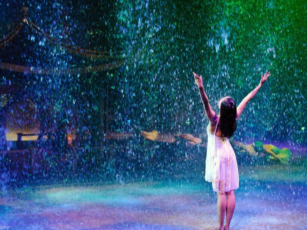 white dress, vibrant blue and green rain, magical, glowing outdoor setting, SD Desktop Wallpaper