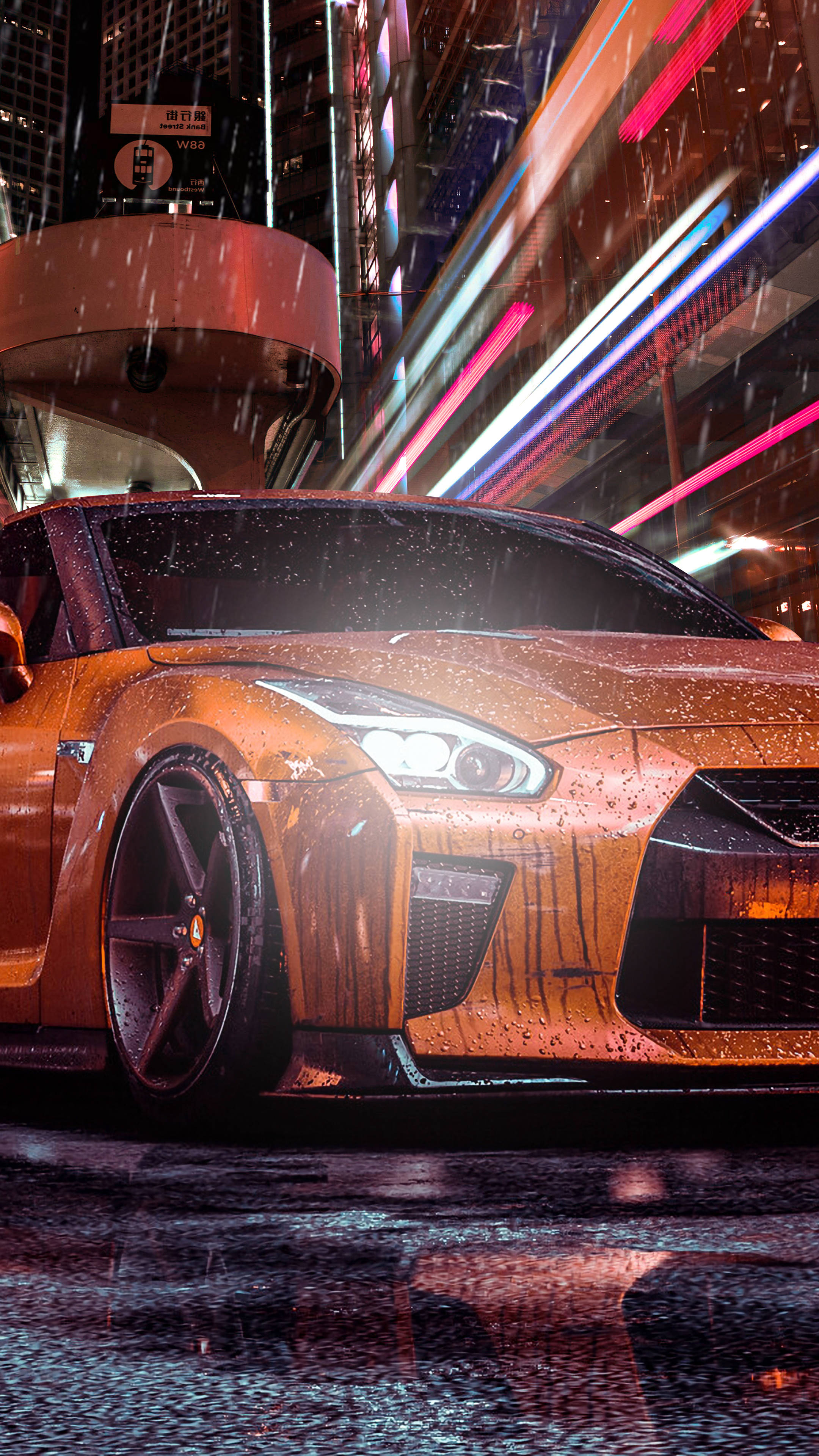 orange sports car, neon lights, rain streaks, 4K Phone Wallpaper