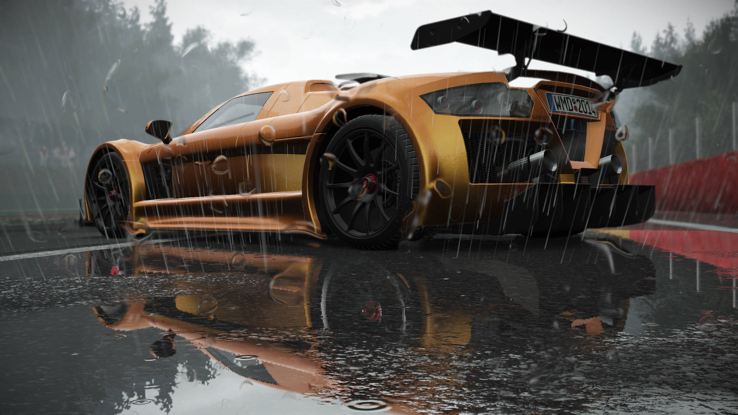 golden race car, large rear wing, heavy rain, 2K Desktop Wallpaper