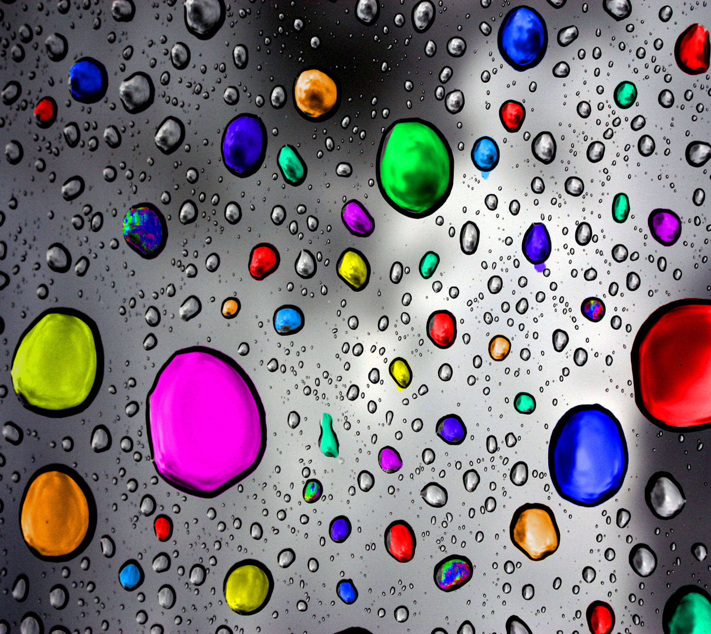 rainbow-colored water droplets, dark gray surface, kaleidoscopic abstract pattern, Full HD Desktop Wallpaper