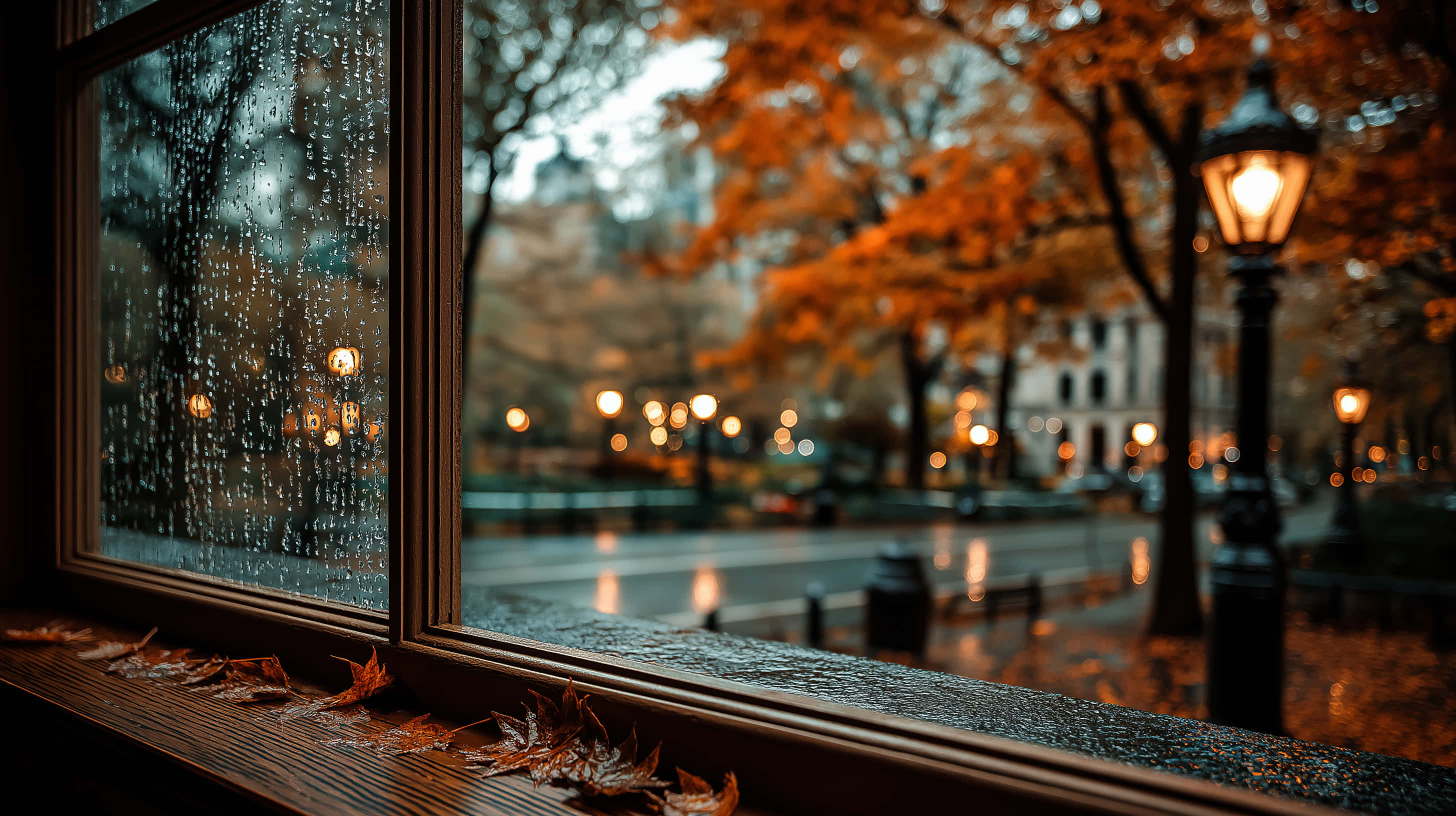 autumn rain, window, city park, 2K Desktop Wallpaper