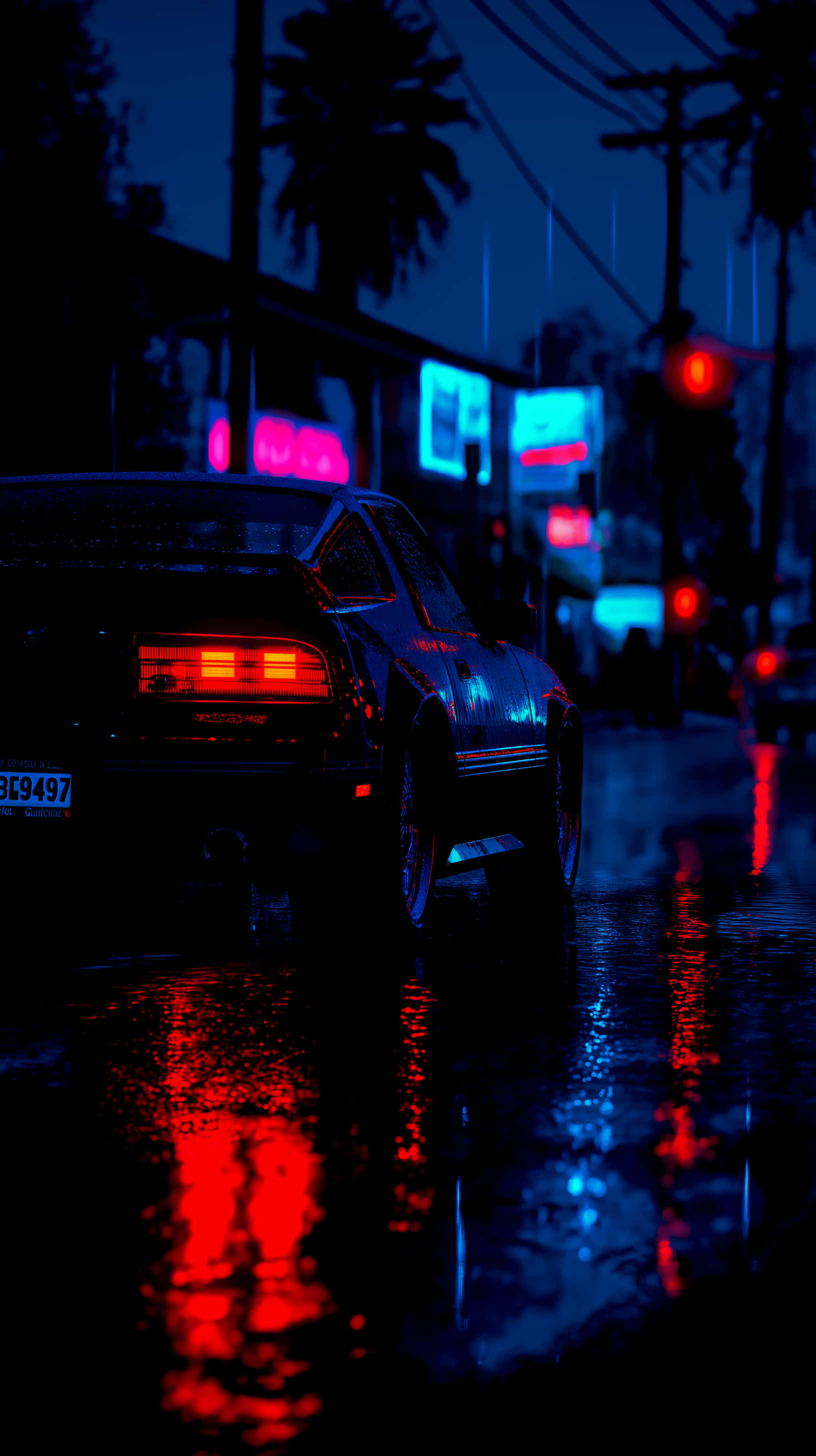 neon signs, wet pavement, rainy night cityscape, 2K Phone Wallpaper