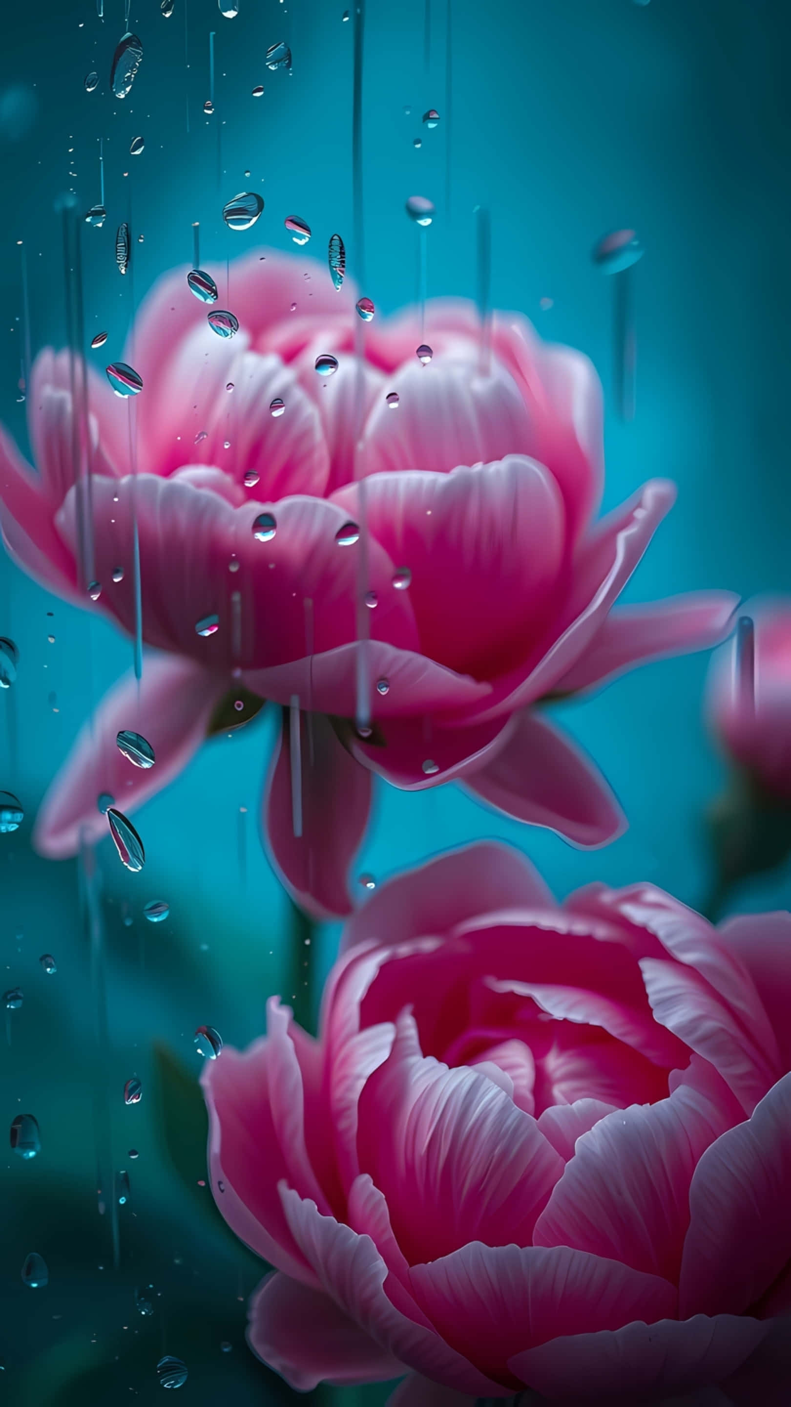 pink peonies, rain, water droplets, 2K Phone Wallpaper