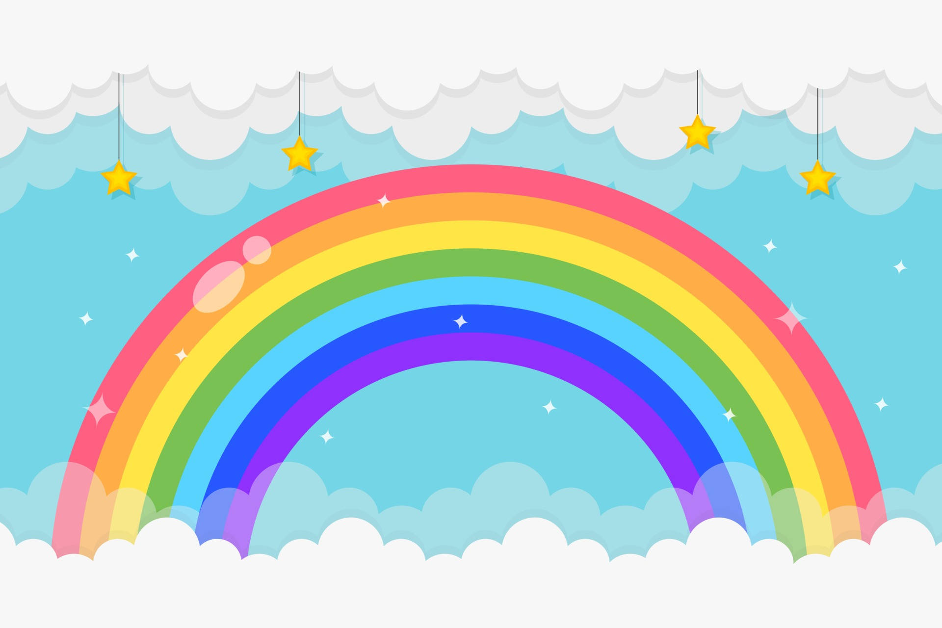rainbow, fluffy clouds, hanging stars, Full HD Desktop Wallpaper