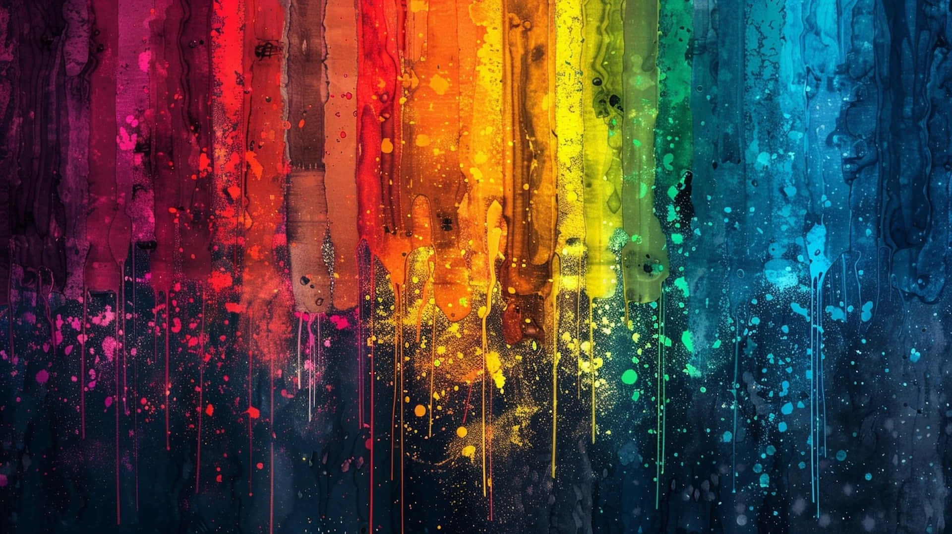 vibrant rainbow paint drips, dark textured surface, bold abstract composition, Full HD Desktop Wallpaper