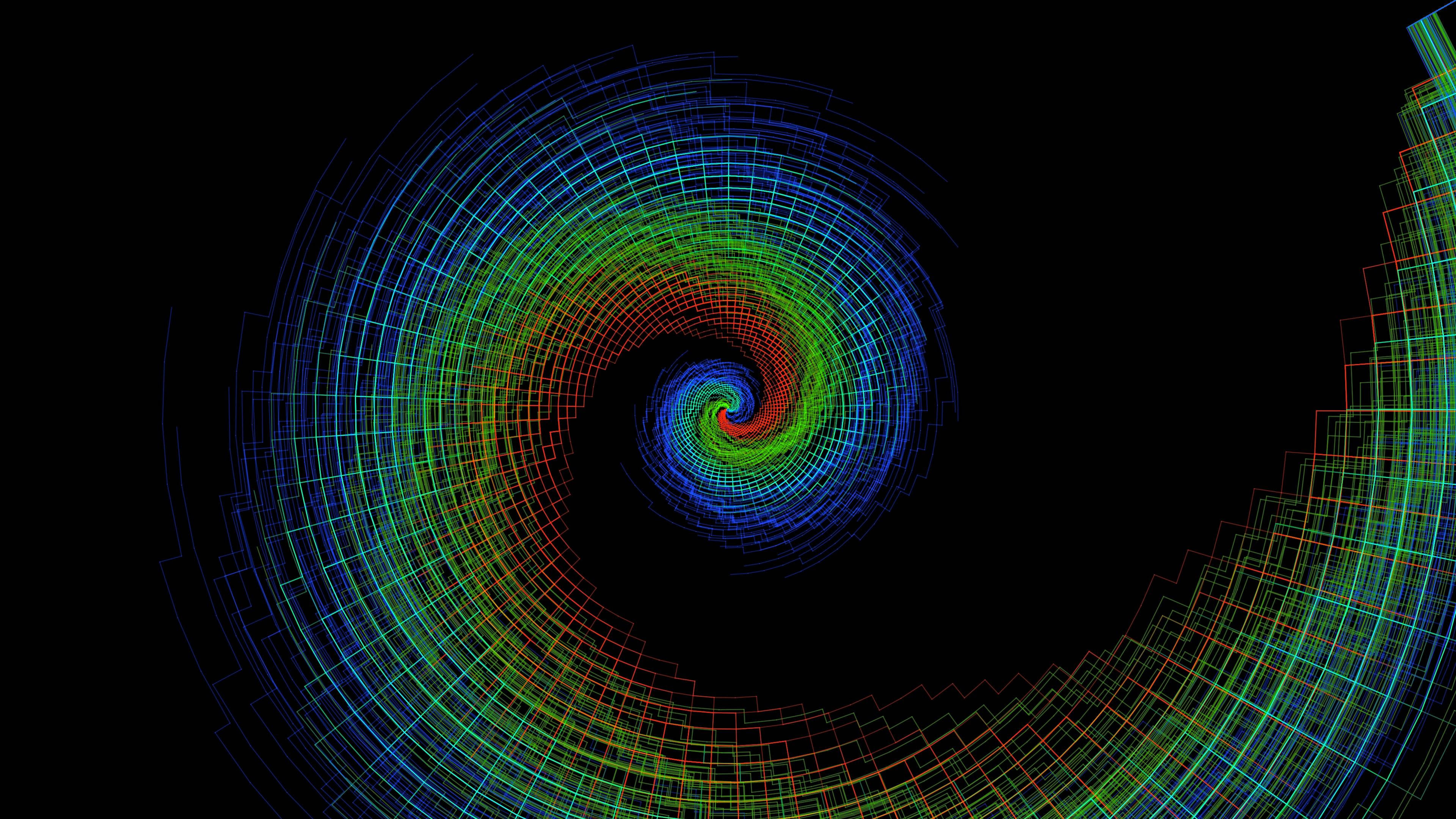 Trippy Spiral Rainbow, glowing multicolored grid lines, black void, 4K Desktop Wallpaper