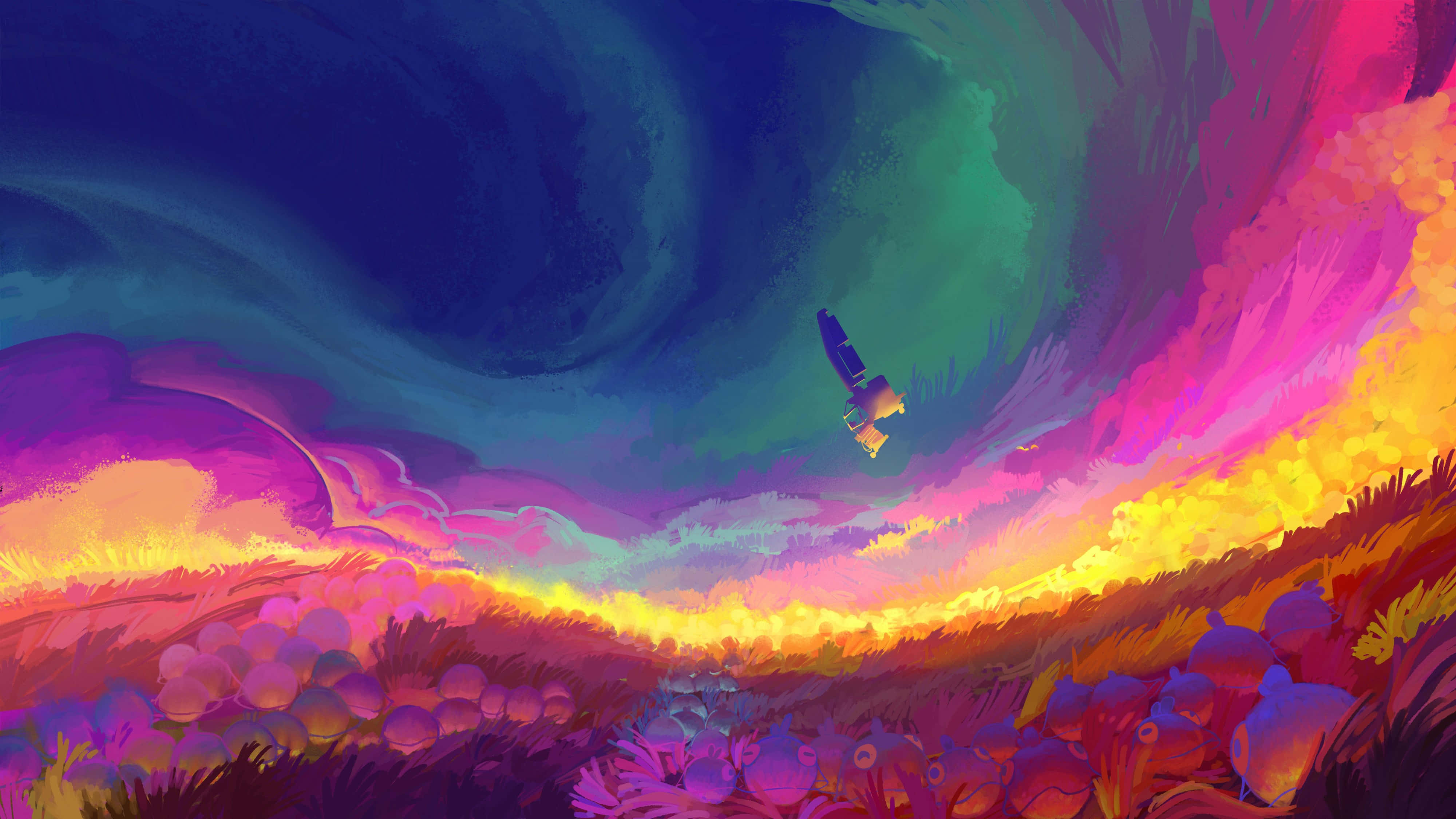 rainbow sky, 4K painting, rocket, 4K Desktop Wallpaper