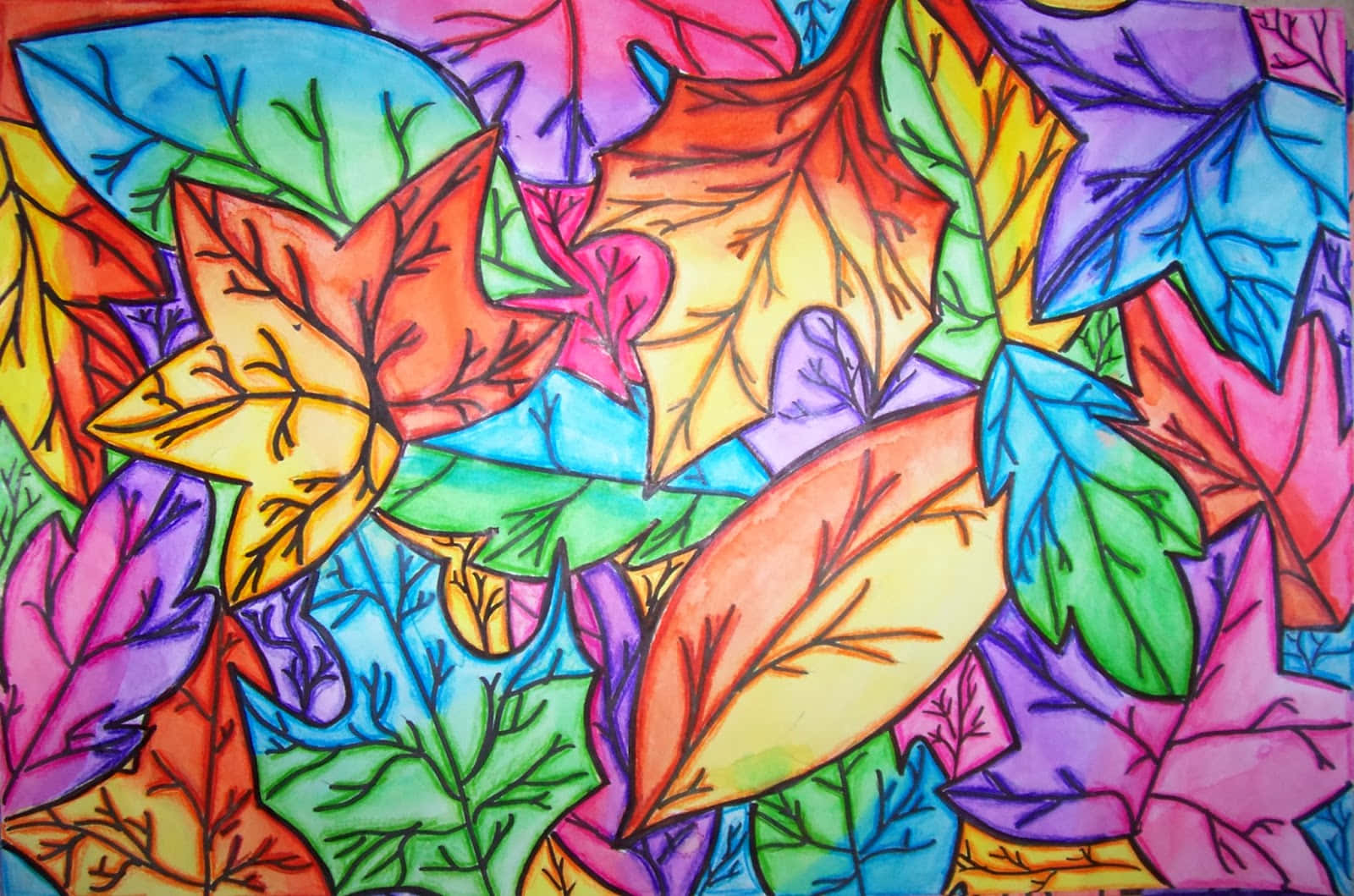 colorful leaves, rainbow hues, vibrant hand-drawn leaves, HD Desktop Wallpaper