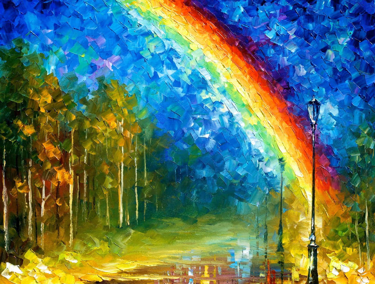 colorful impressionist rainbow painting, rainbow, forest path, HD Desktop Wallpaper