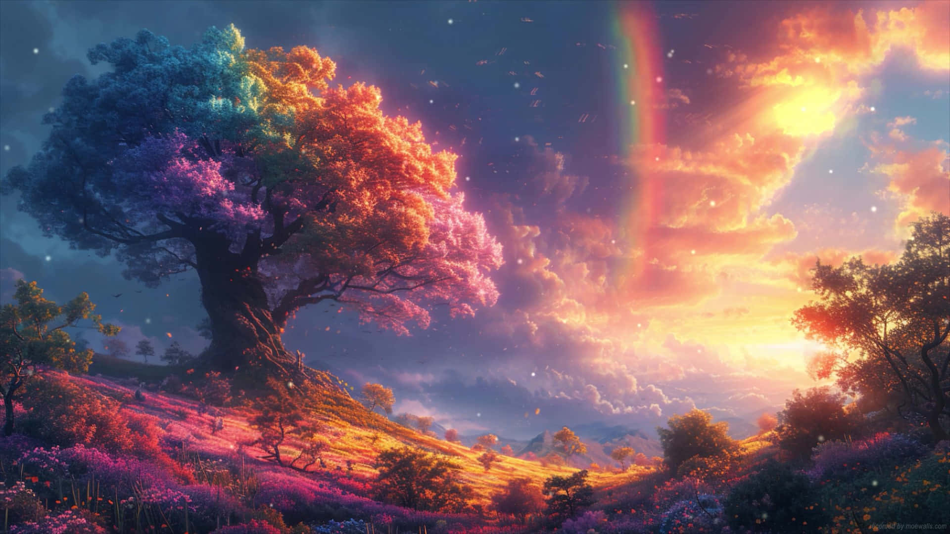 enchanted rainbow tree, sunset landscape, vibrant sunset sky, Full HD Desktop Wallpaper