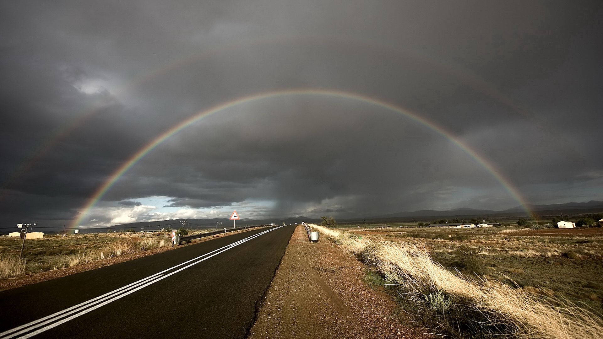 rainbow, road, stormy desert landscape, Full HD Desktop Wallpaper