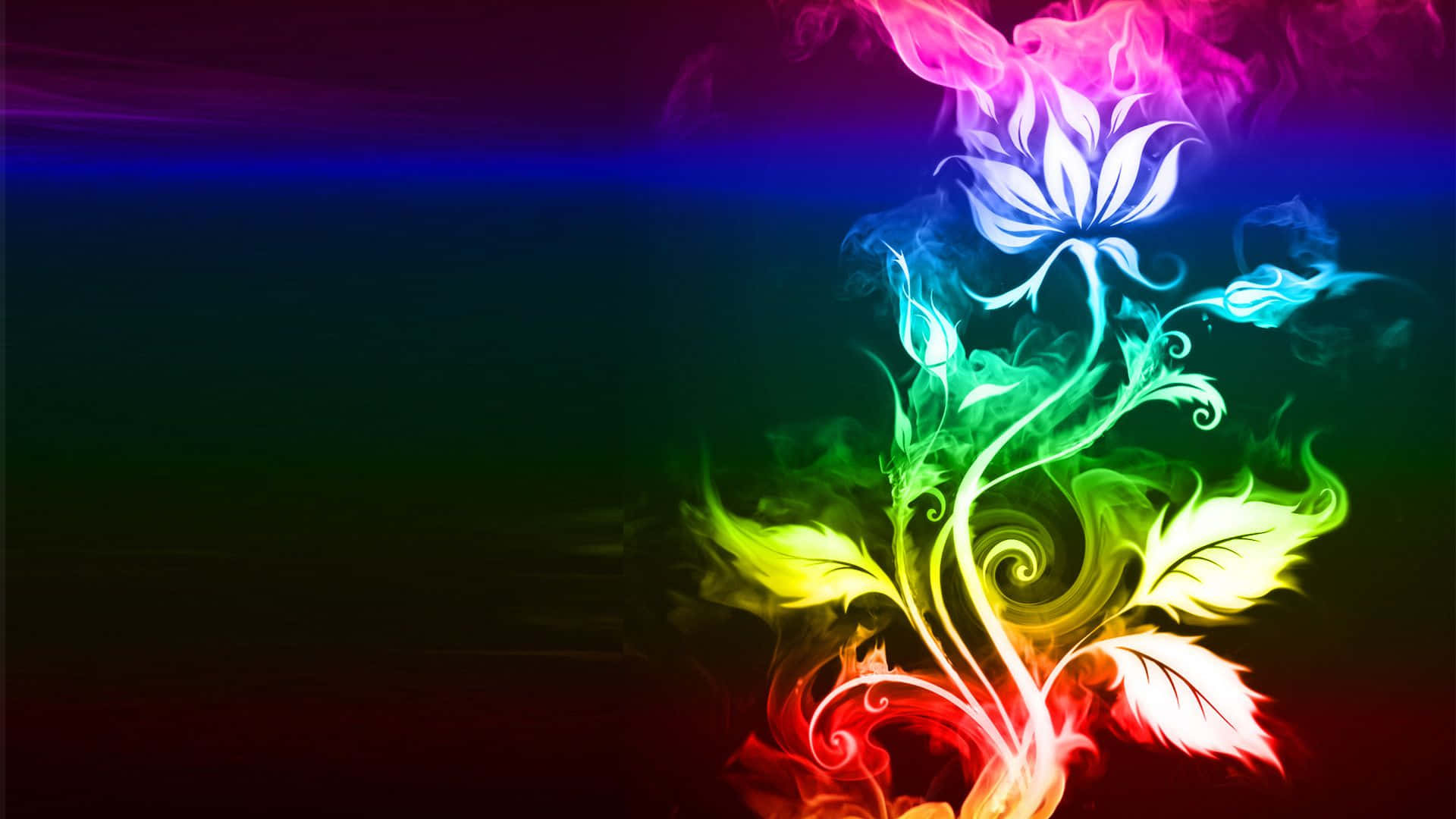 vibrant rainbow-colored flower, swirling smoke, dark gradient background, Full HD Desktop Wallpaper