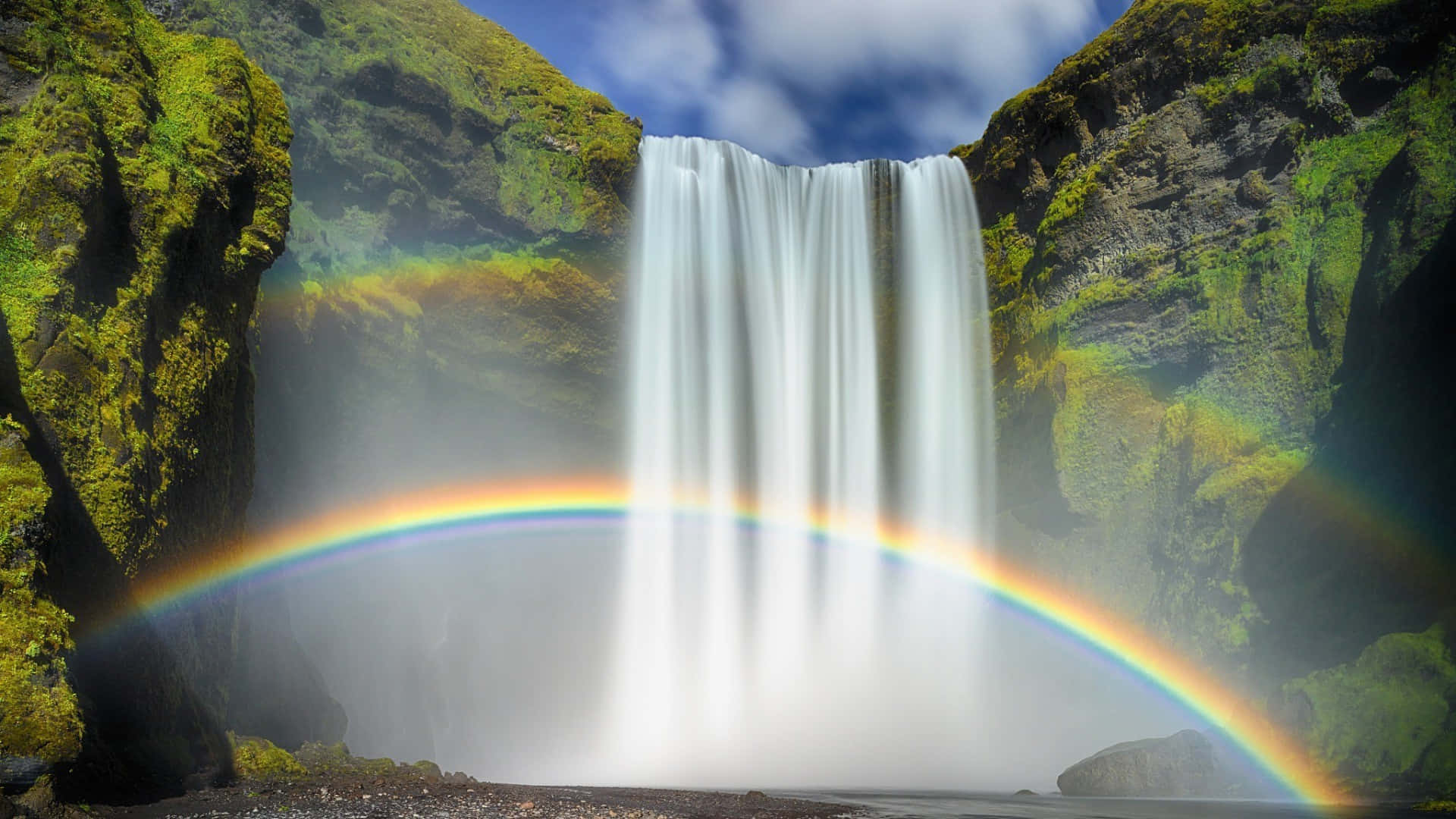 majestic waterfall, vibrant rainbow, mossy cliffs, Full HD Desktop Wallpaper