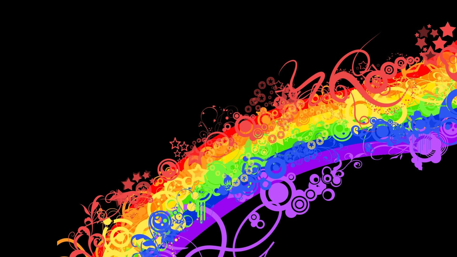 rainbow, black background, swirling floral patterns, Full HD Desktop Wallpaper