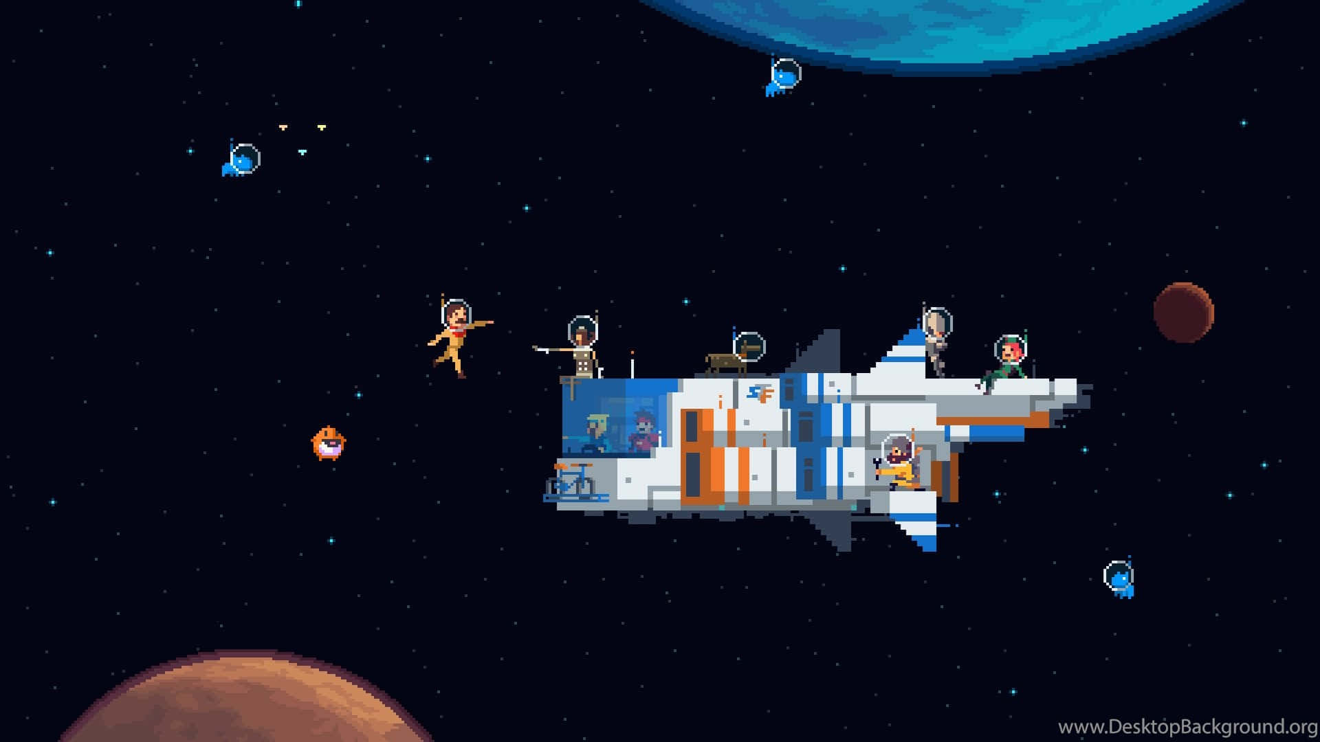 pixel-art spaceship, astronauts, starry space, Full HD Desktop Wallpaper
