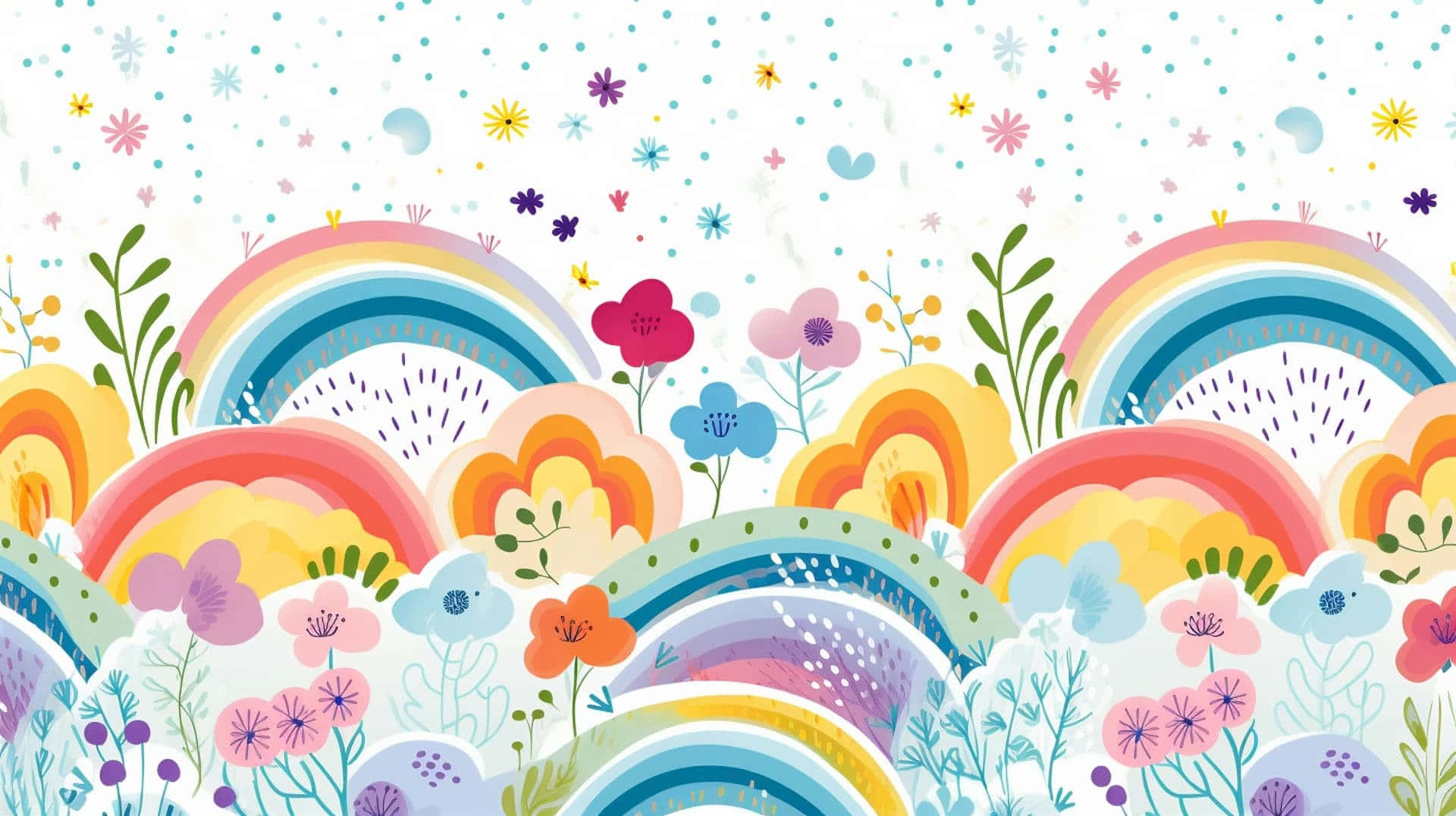rainbow, floral hills, speckled sky, Full HD Desktop Wallpaper
