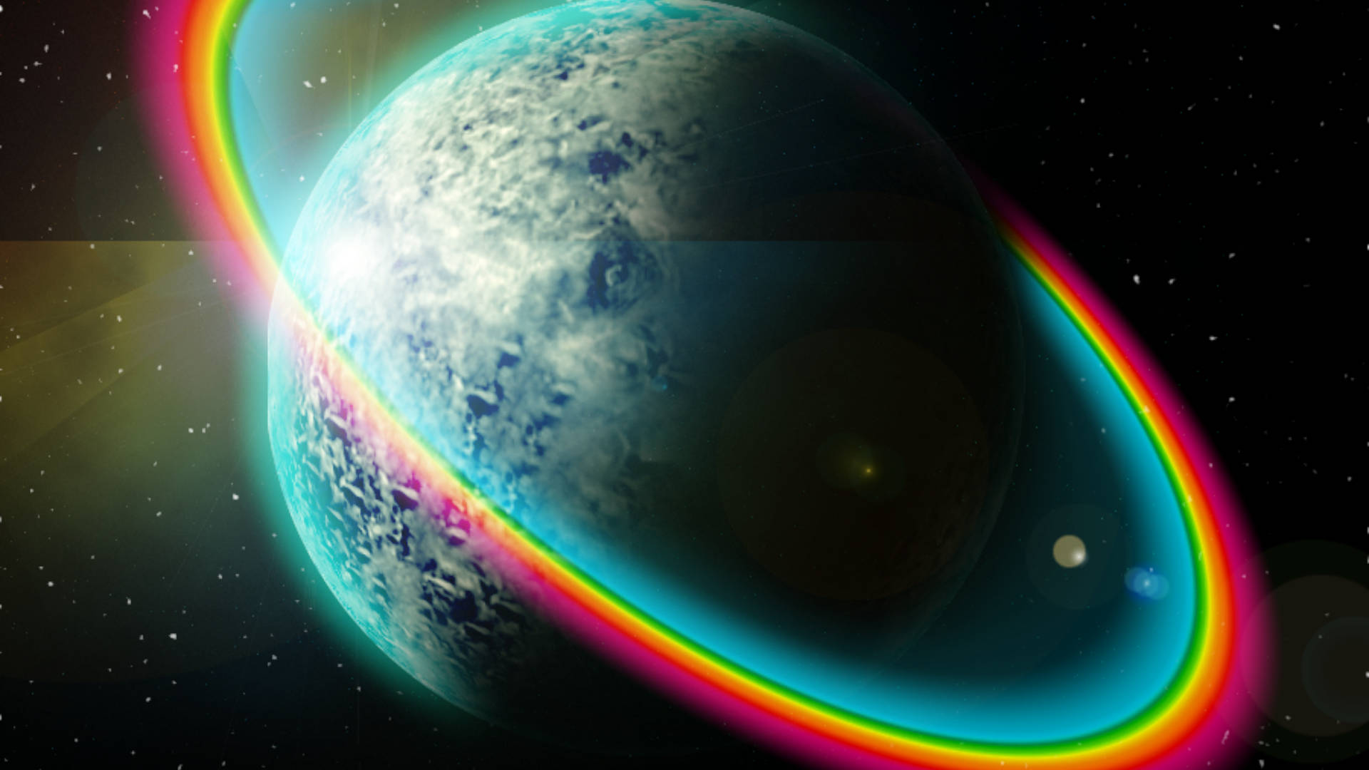 Rainbow Galaxy, rainbow ring, blue and white planet, Full HD Desktop Wallpaper