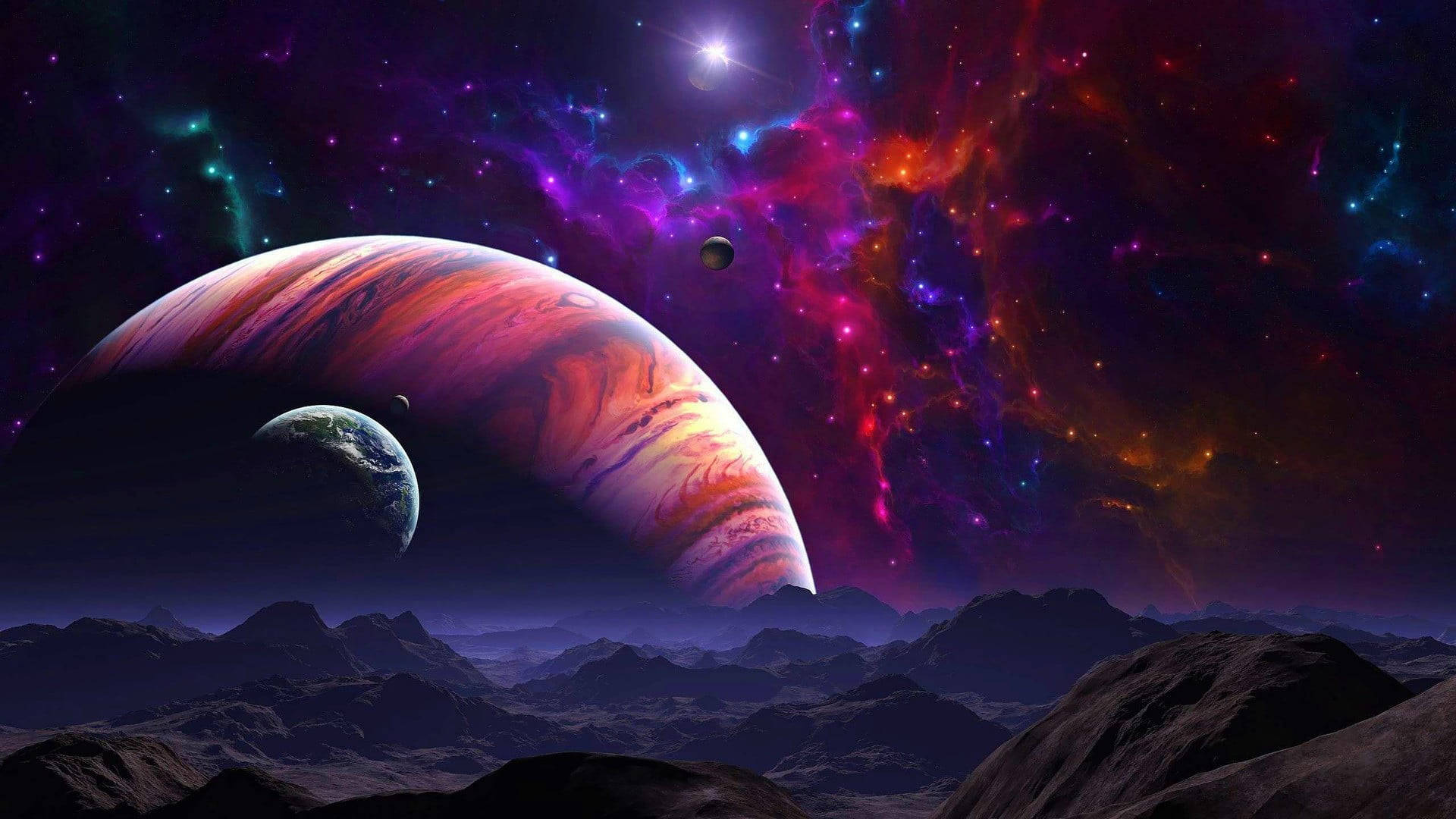 Rainbow Galaxy, giant swirling planet, Earth-like moon, Full HD Desktop Wallpaper