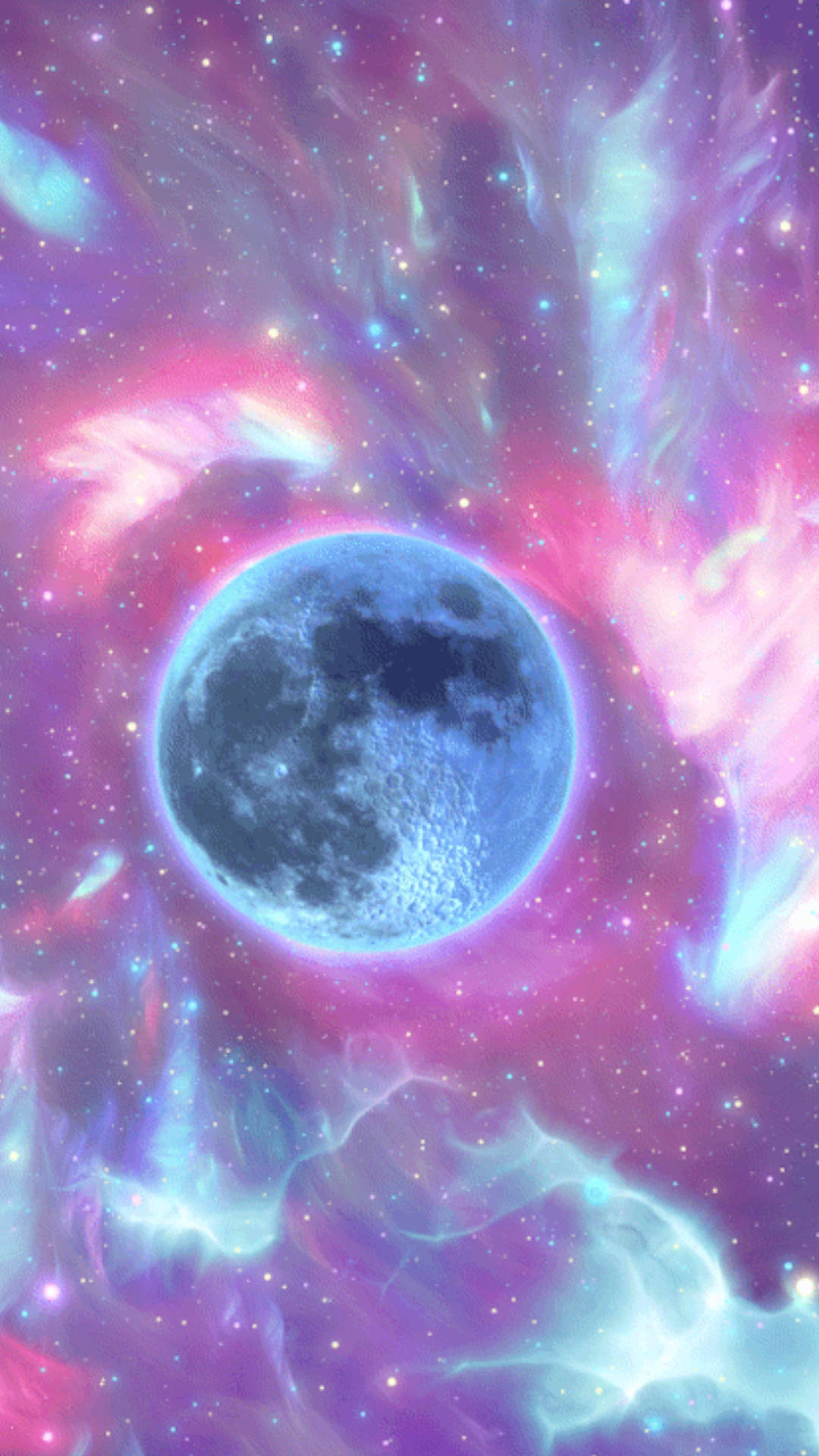 glowing blue moon, swirling pink and cyan cosmic clouds, twinkling stars, Full HD Phone Wallpaper